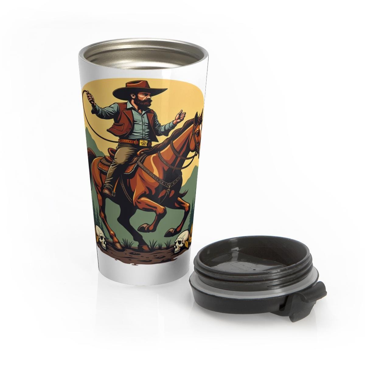 Cowboy riding horse travel tumbler, Wild West theme drinkware, Reusable coffee cup with lid, Vintage western cowboy art