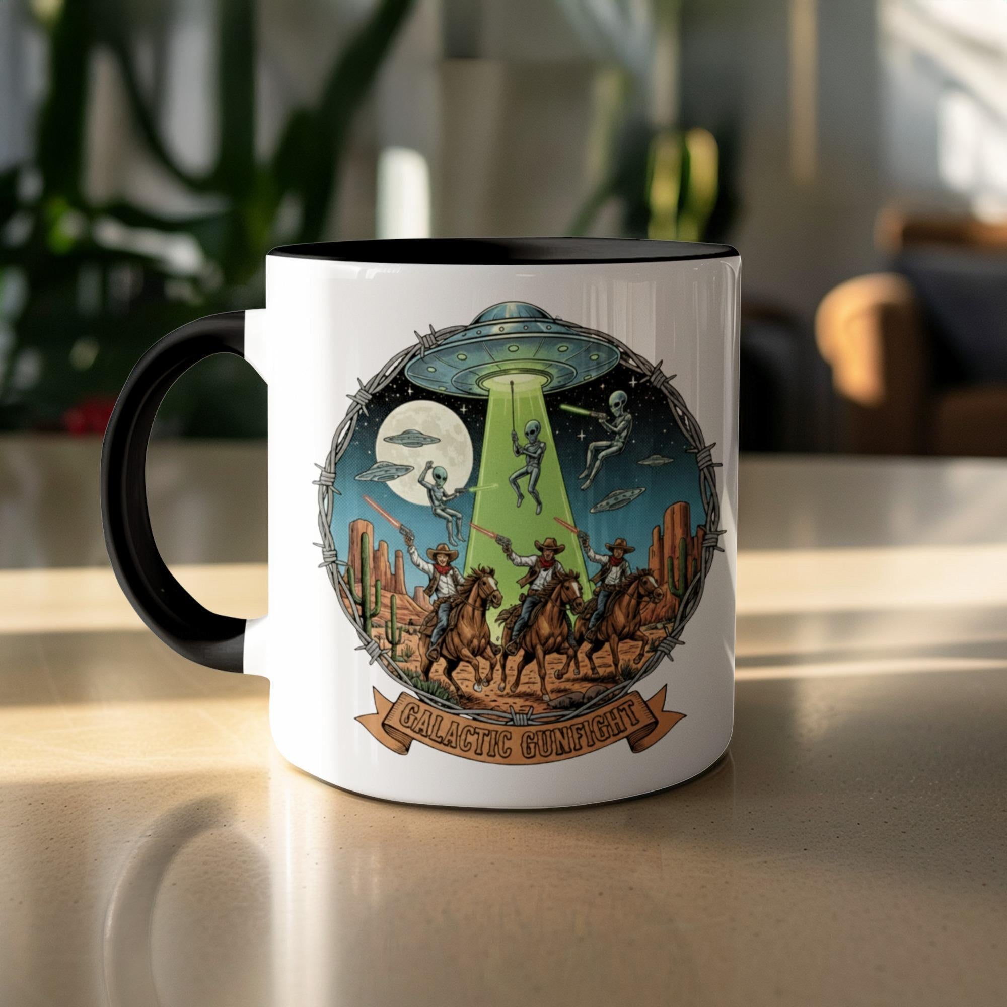 UFO cowboy mug, alien abduction wild west mug, sci-fi western coffee cup, unique novelty gift, fun space themed drinkware