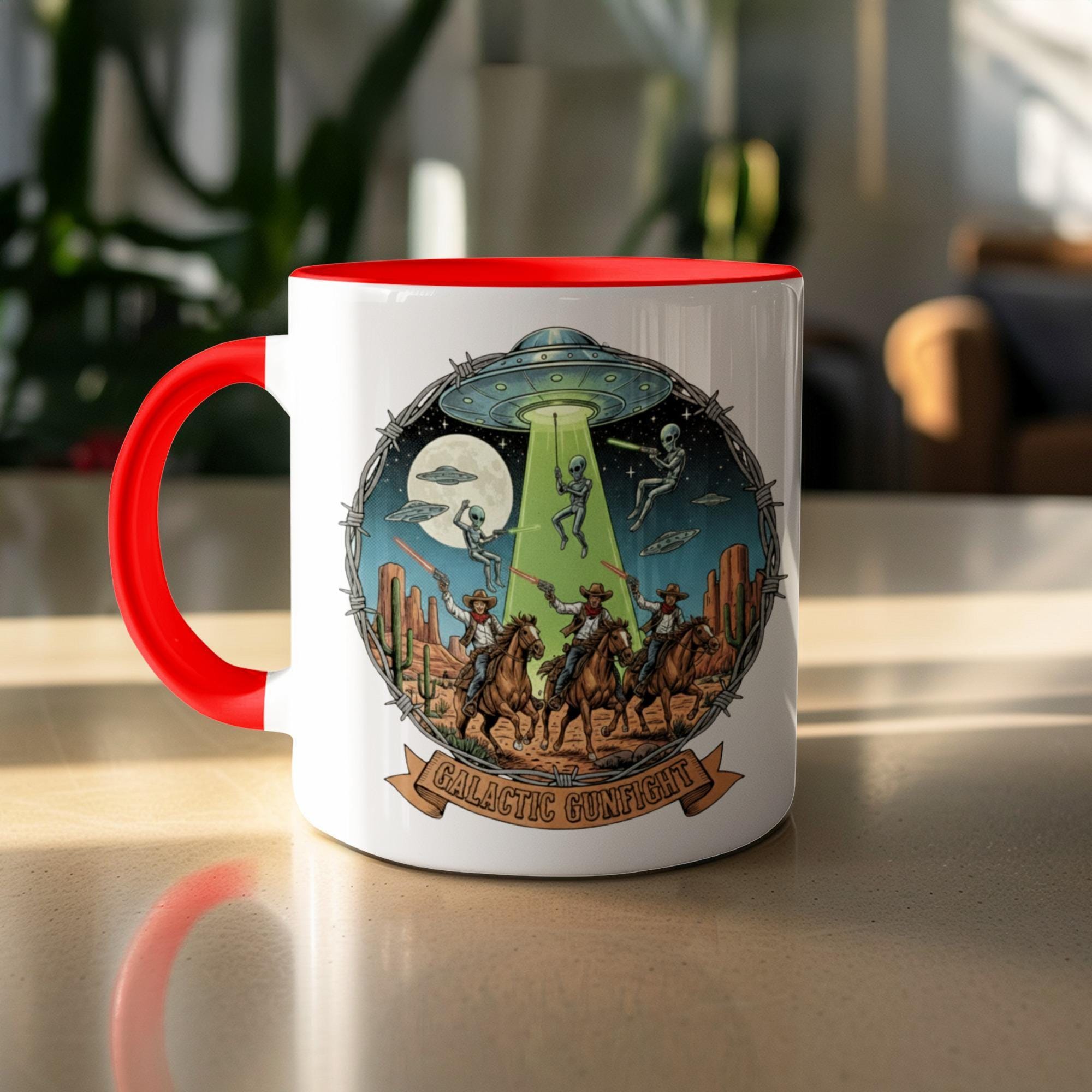 Alien Cowboy Mug, Space Western Coffee Cup, Extraterrestrial Cowboy Design, Fun Sci-Fi Mug, Unique Sci-Fi Gift, UFO Abduction Mug