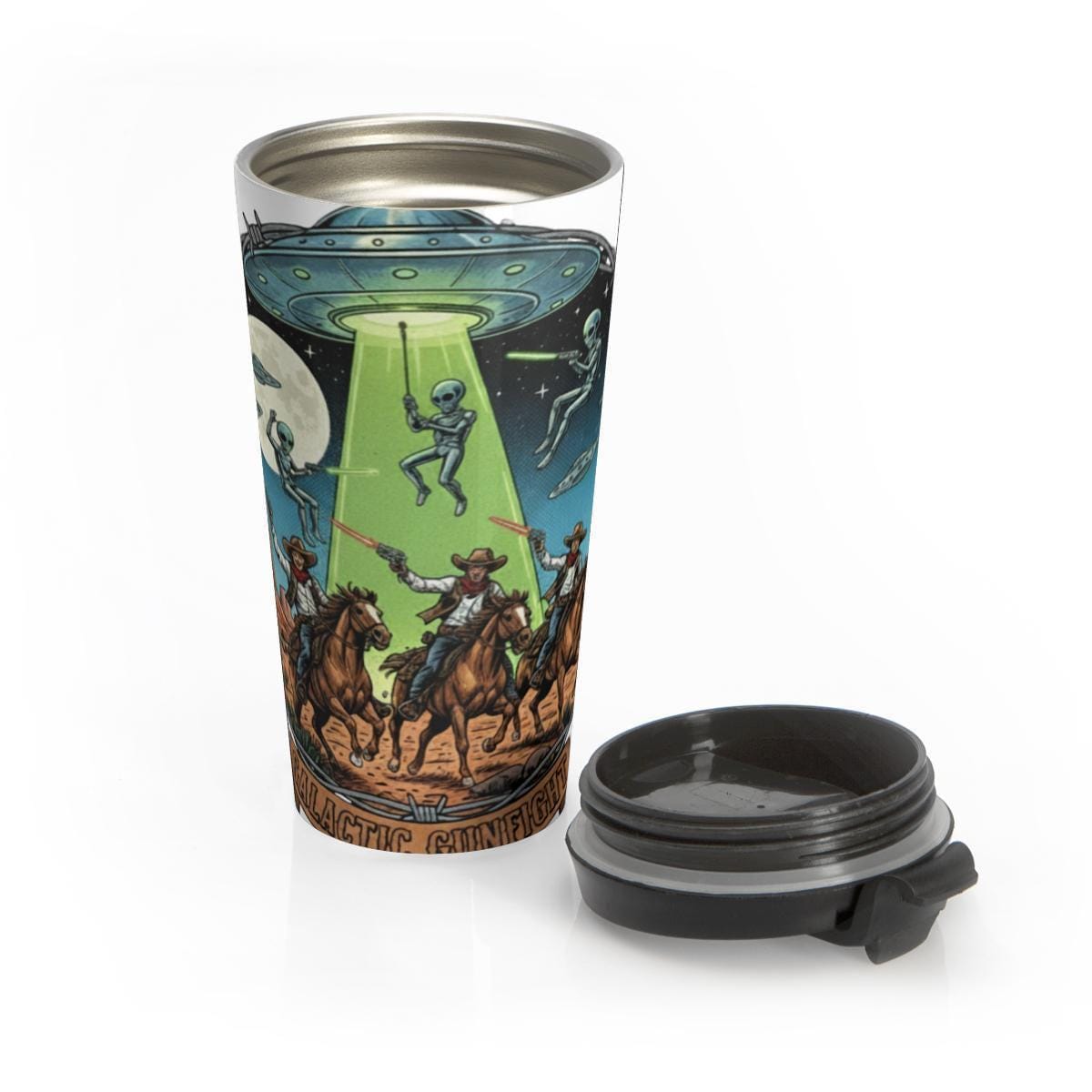UFO Cowboy Travel Mug, Alien Abduction Tumbler, Space Western Coffee Cup, Unique Funny Gift, Sci-Fi Stainless Steel Mug