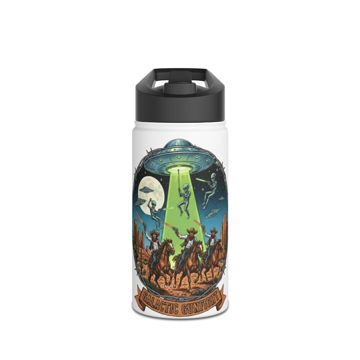 Alien Cowboy Water Bottle, Space Western Bottle, Funny Unique Gift, UFO Art Design, Reusable Drink Container, Galactic Battle Hydration