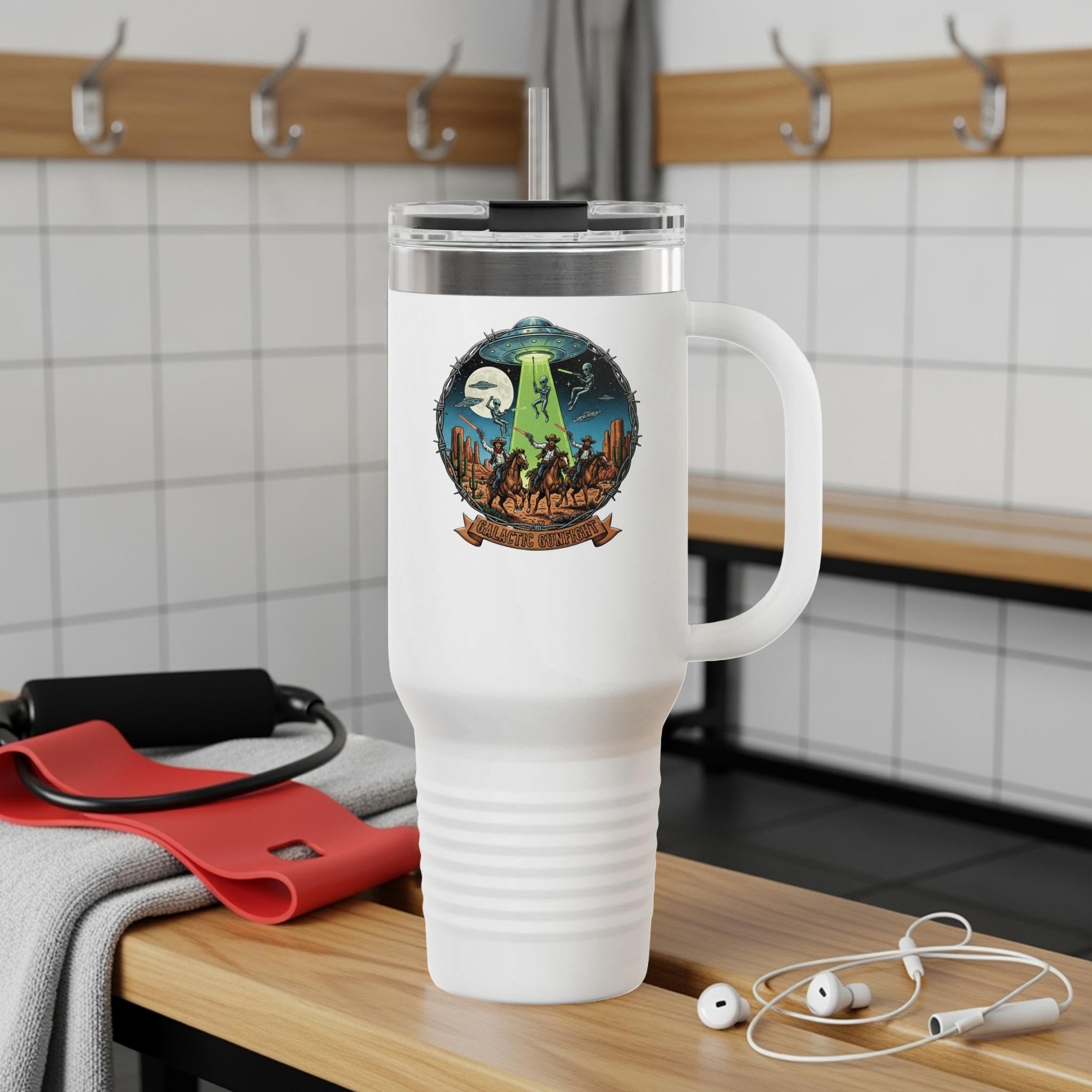 UFO alien abduction thermal travel mug, extraterrestrial coffee tumbler, stainless steel insulated drinkware, unique space gift