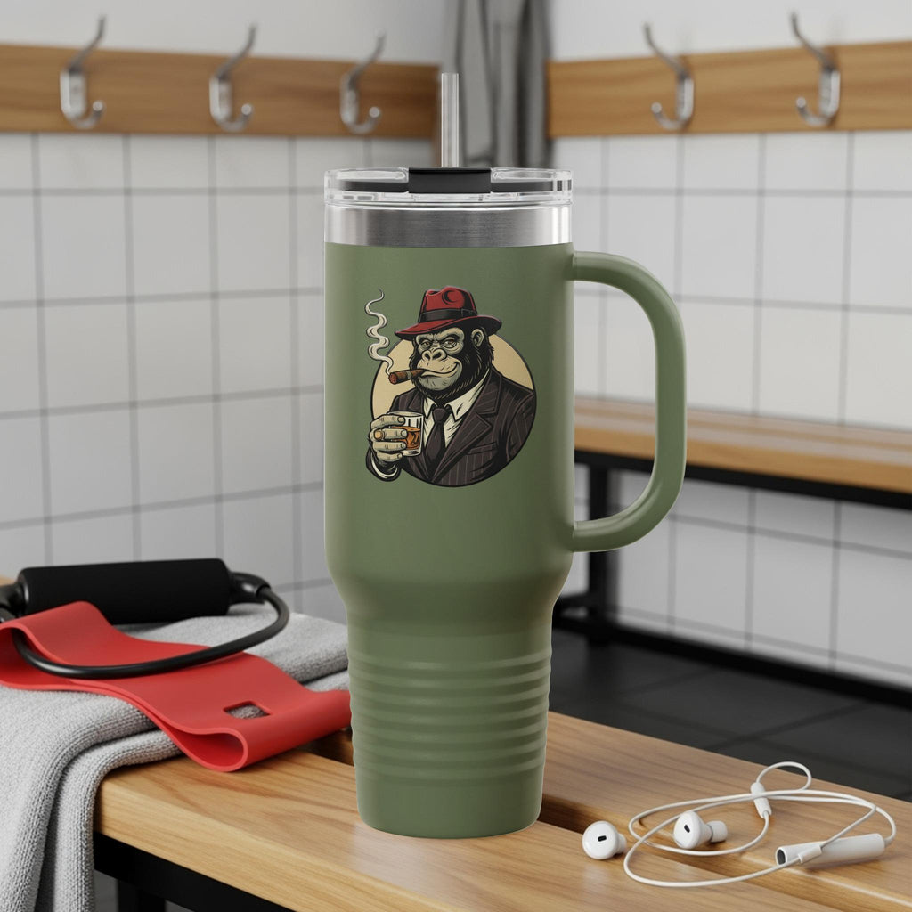 Funny Gorilla Drinking Coffee Tumbler, Cool Monkey with Fedora Hat Art, Travel Coffee Mug, Unique Gift for Coffee Lovers