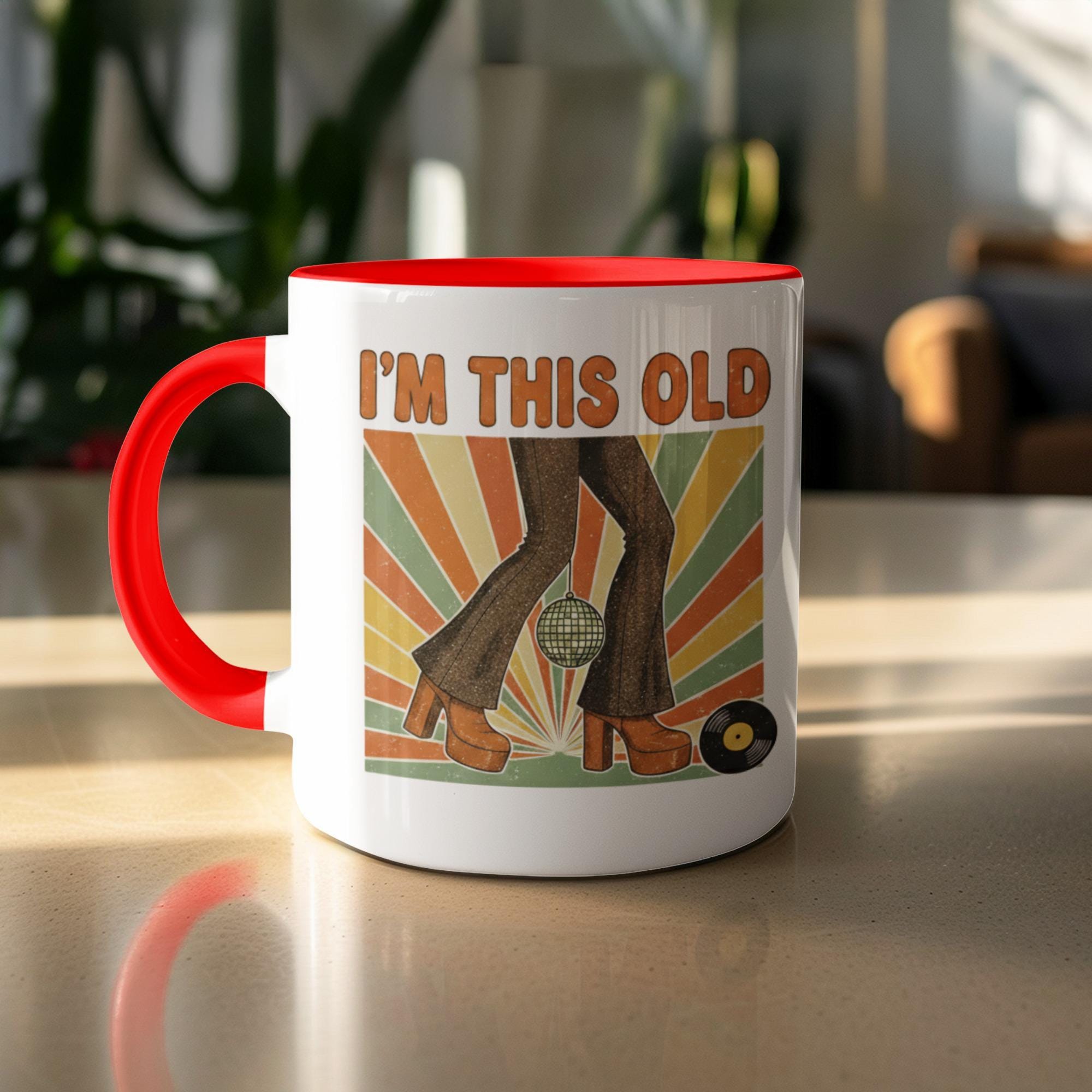 Funny Retro I'm This Old Mug, Nostalgic Throwback Coffee Cup, Vintage Design, Perfect Gift for Music Lovers, 70s Disco Nostalgia Mug