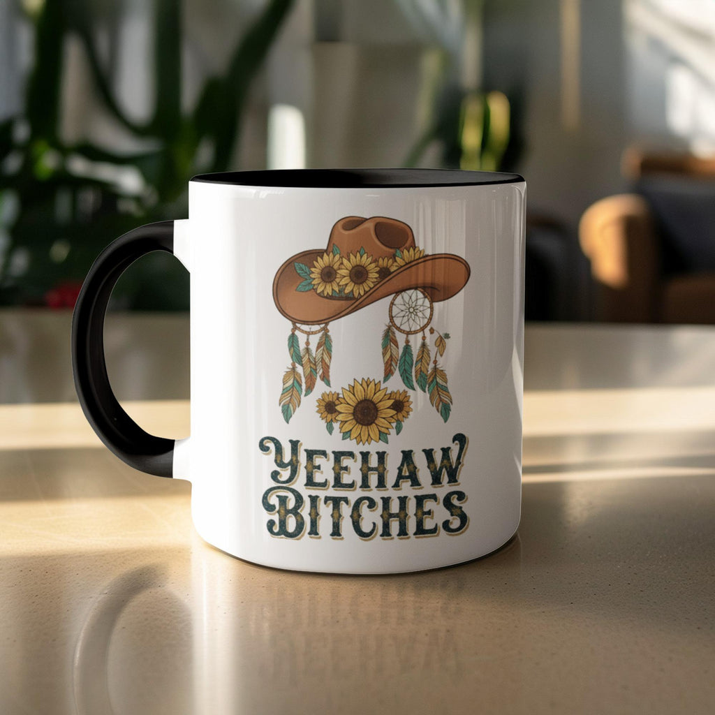 Yeehaw Bitches Mug, Sunflower and Hat Coffee Cup, Western Themed Mug, Dreamcatcher Design, Funny Gift for Cowgirls
