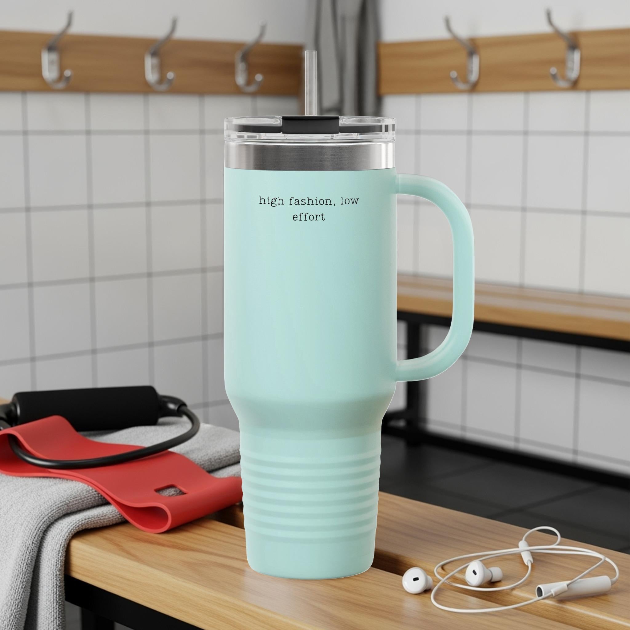 High Fashion Tumbler, Low Effort Travel Mug, Insulated Coffee Cup, Large Capacity Drinkware, Mint Green Mug with Handle