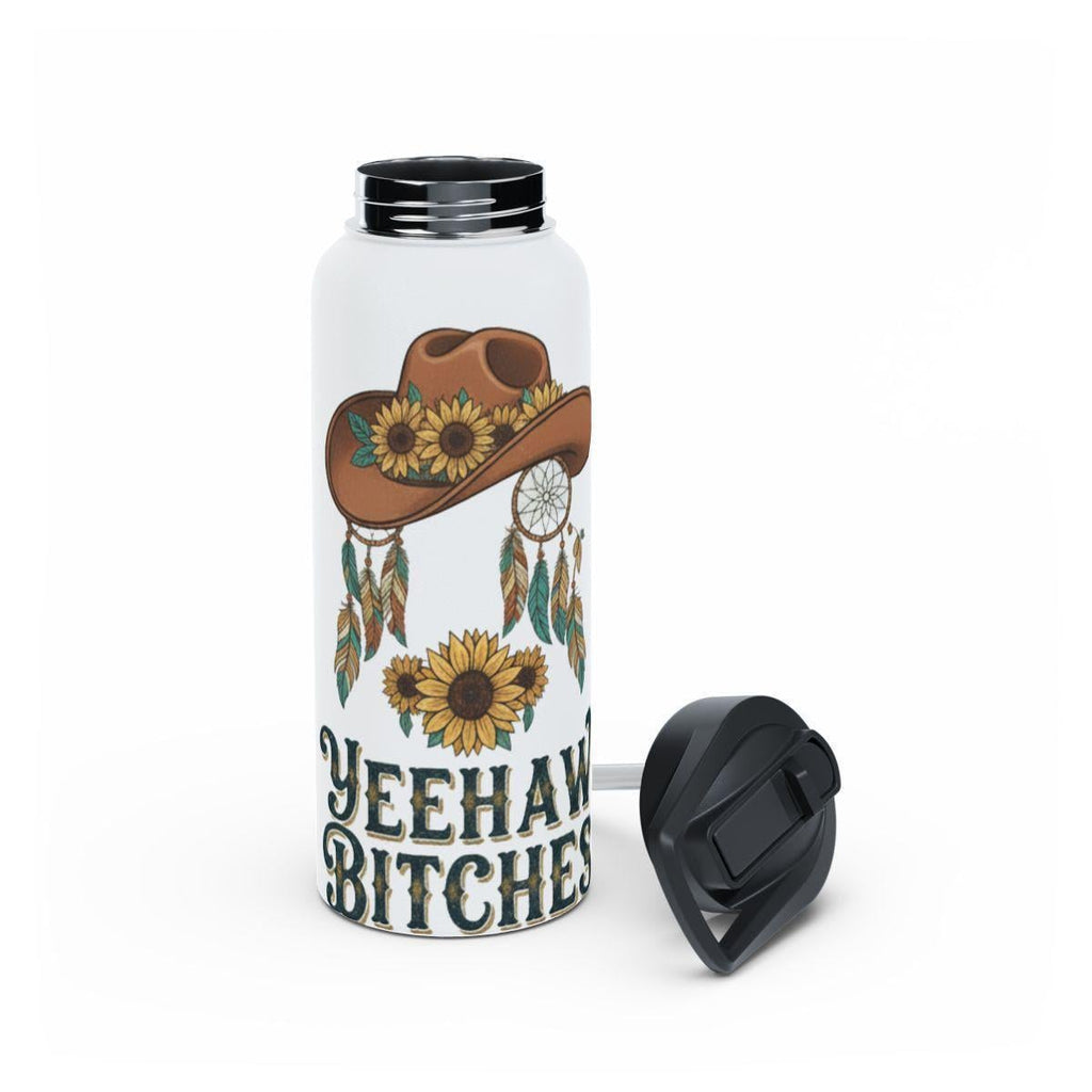 Yeehaw Bitches Water Bottle, Western Cowboy Hat with Sunflowers and Feathers Design, Cute and Trendy Flask