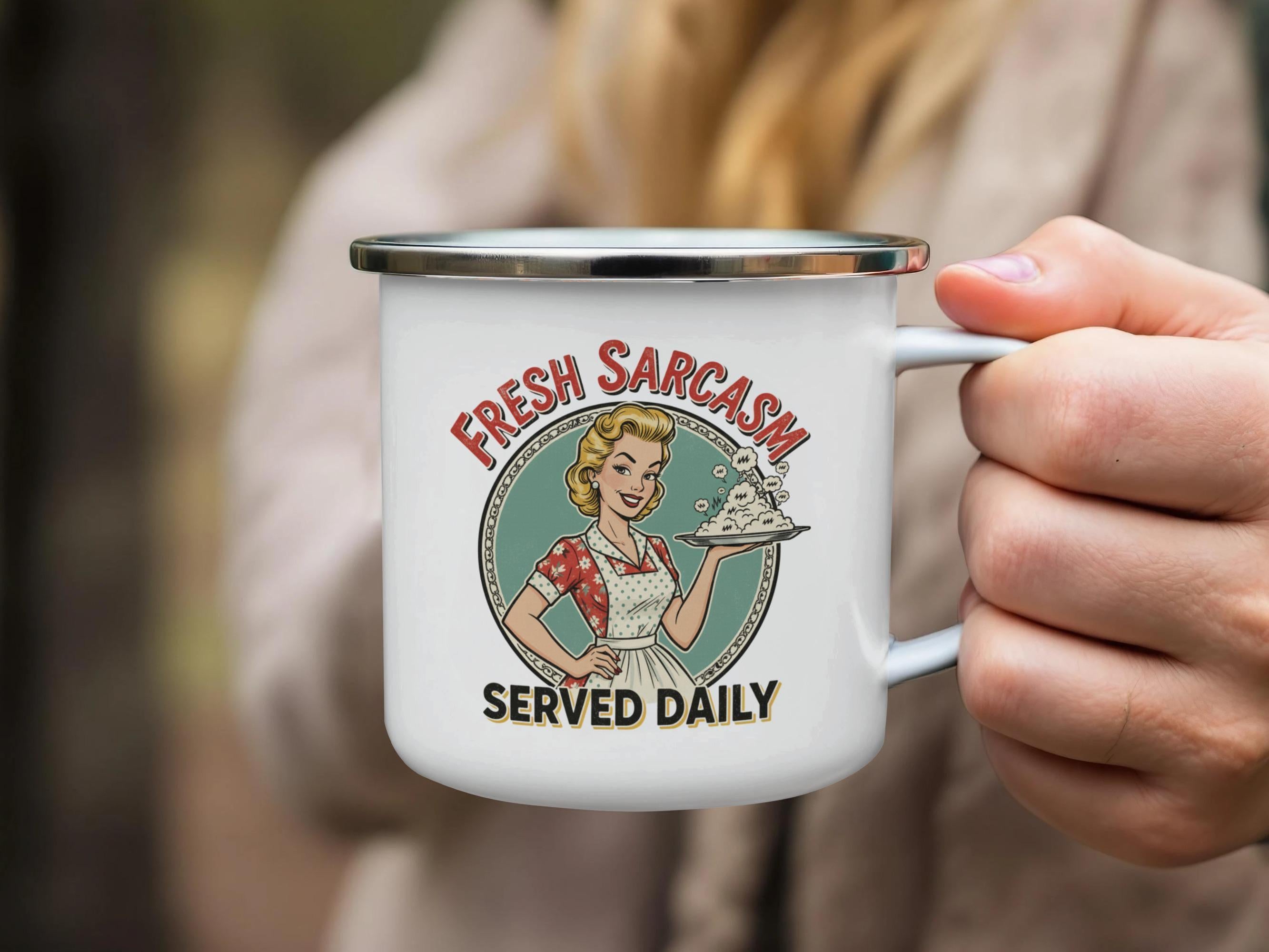 Fresh Sarcasm Served Daily Mug, Retro Enamel Coffee Cup, Vintage Style Gag Gift, Funny Office Mug, Unique Gift Idea for Friend