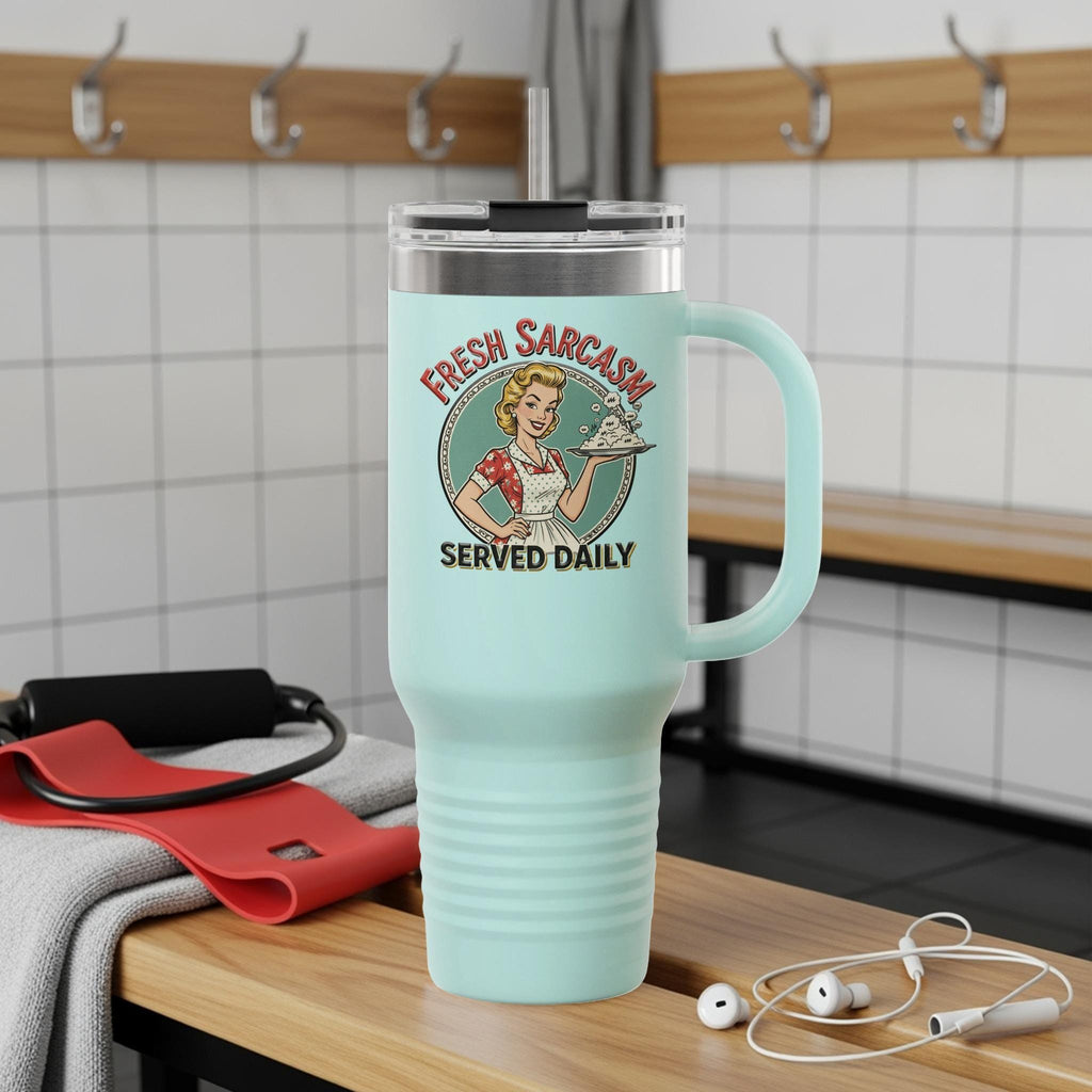 Fresh Sarcasm Served Daily Travel Mug, Retro Funny Coffee Thermos, Insulated Beverage Tumbler, Large Capacity Cup