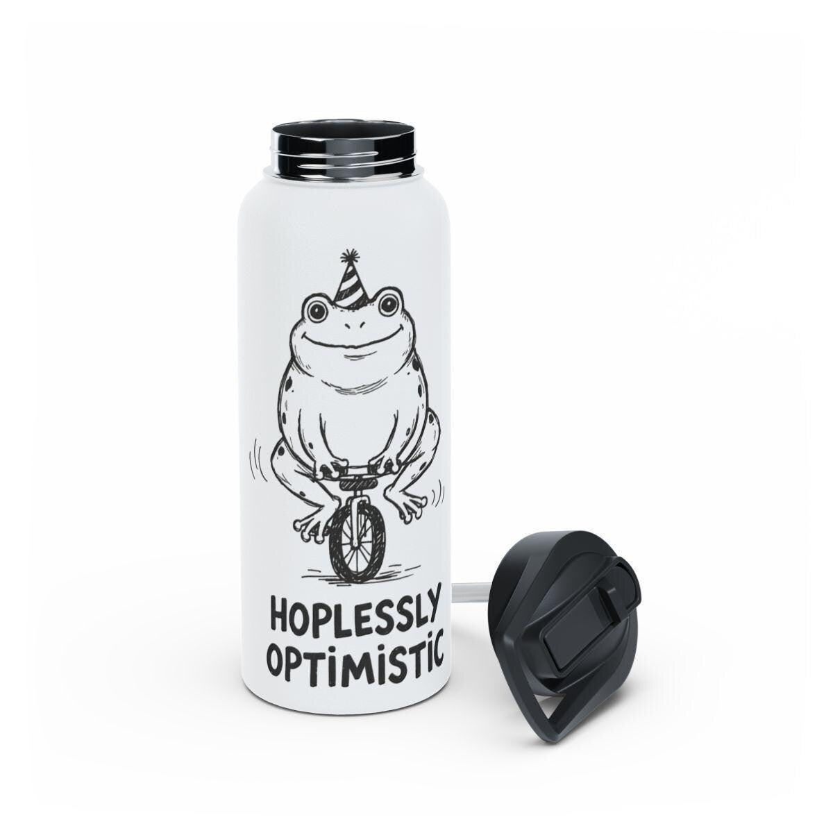 Funny frog water bottle, Hilarious unicycle frog, Hoplessly optimistic design, Inspirational gift bottle, Unique drinkware accessory