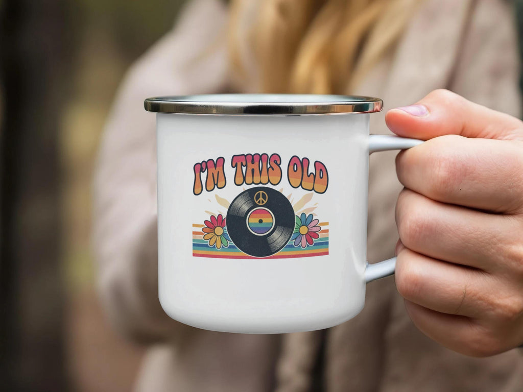 Vintage I'm This Old Mug, Retro Vinyl Record Design, Nostalgic Music Lover Gift, Fun Coffee Cup, Unique Drinkware, Rainbow Peace Sign