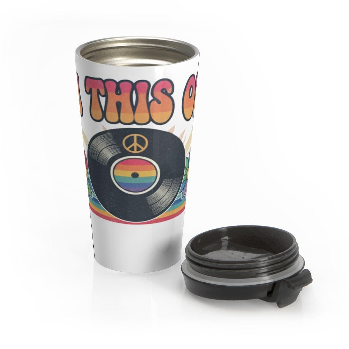 Retro Vinyl Record Travel Mug, Colorful Psychedelic Music Lover Gift, Unique Coffee Tumbler, Lemonade Holder, 1970s Inspired Flask