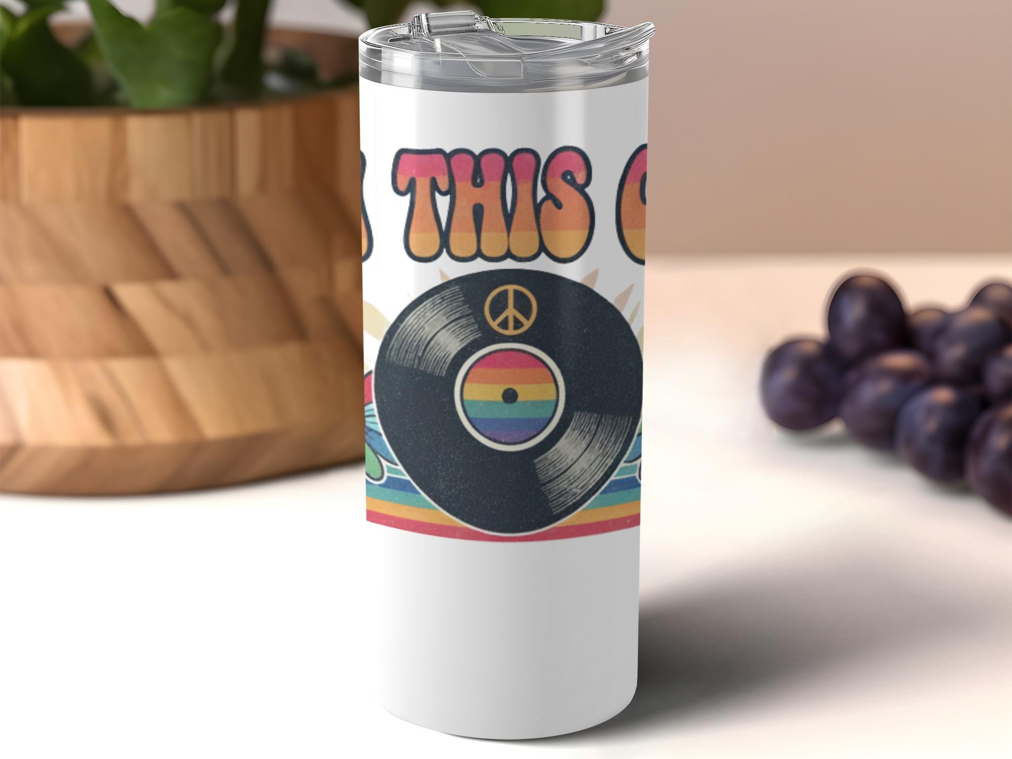 Retro Music Tumbler, Vintage Vinyl Record Design, 20 oz Travel Mug, Fun Colorful Cup, Perfect Gift for Music Lovers