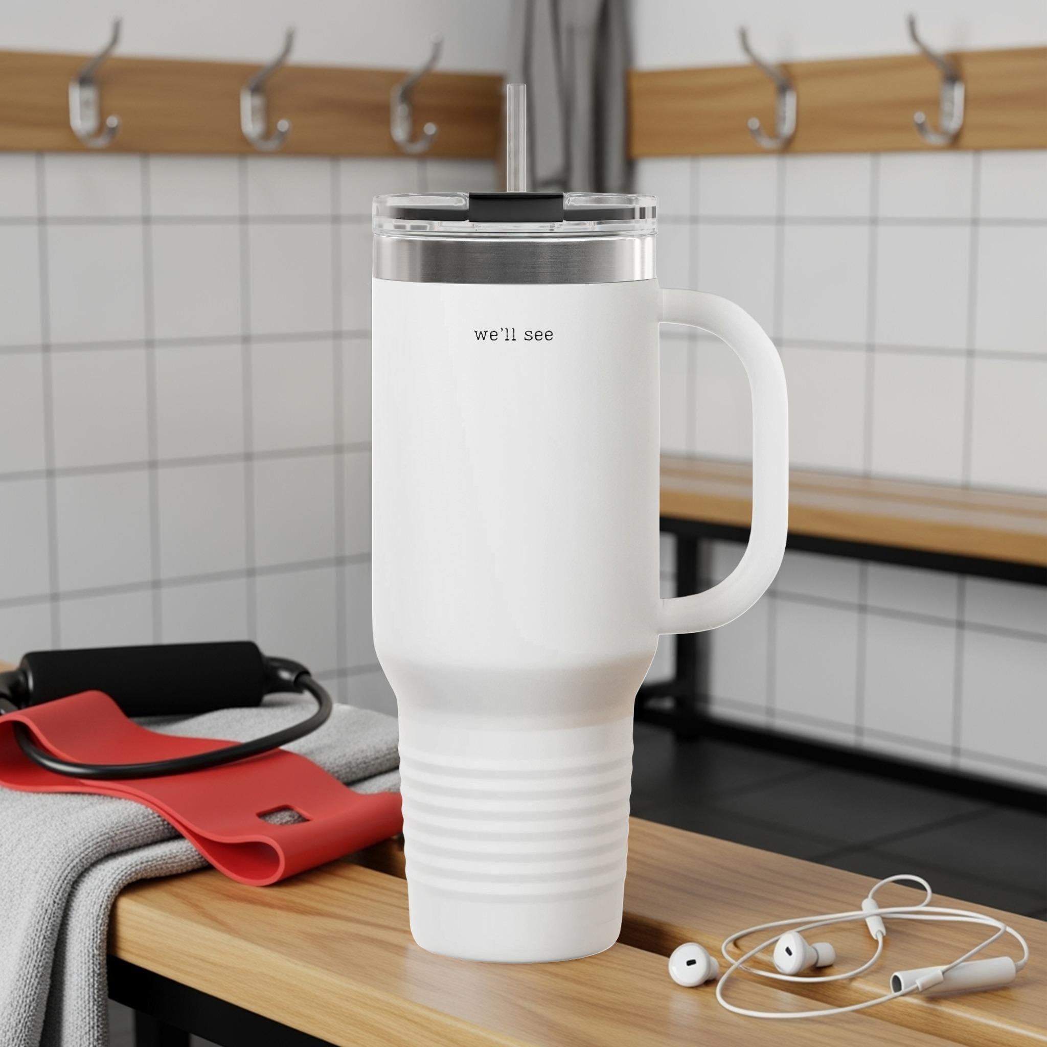 Motivational White Travel Mug, Double Wall Insulated Coffee Cup, Gym Accessory, Leak Proof, Perfect for Fitness Enthusiasts