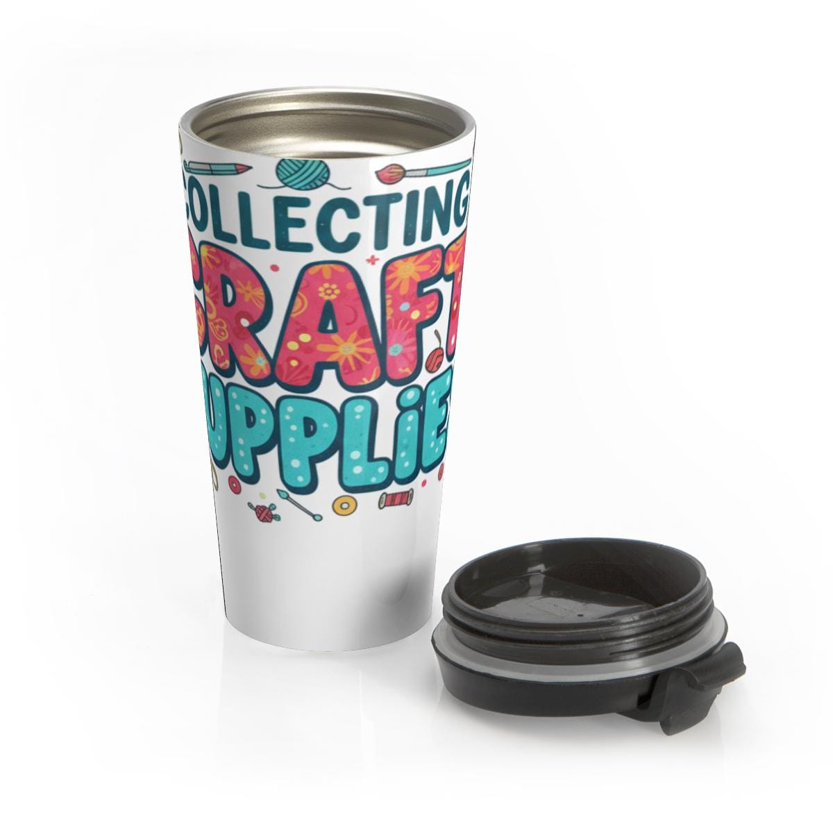 Collecting Craft Supplies Travel Mug, Portable Tumbler with Lid, Double Wall Insulated, Craft Lover Gift, Creative Storage Cup