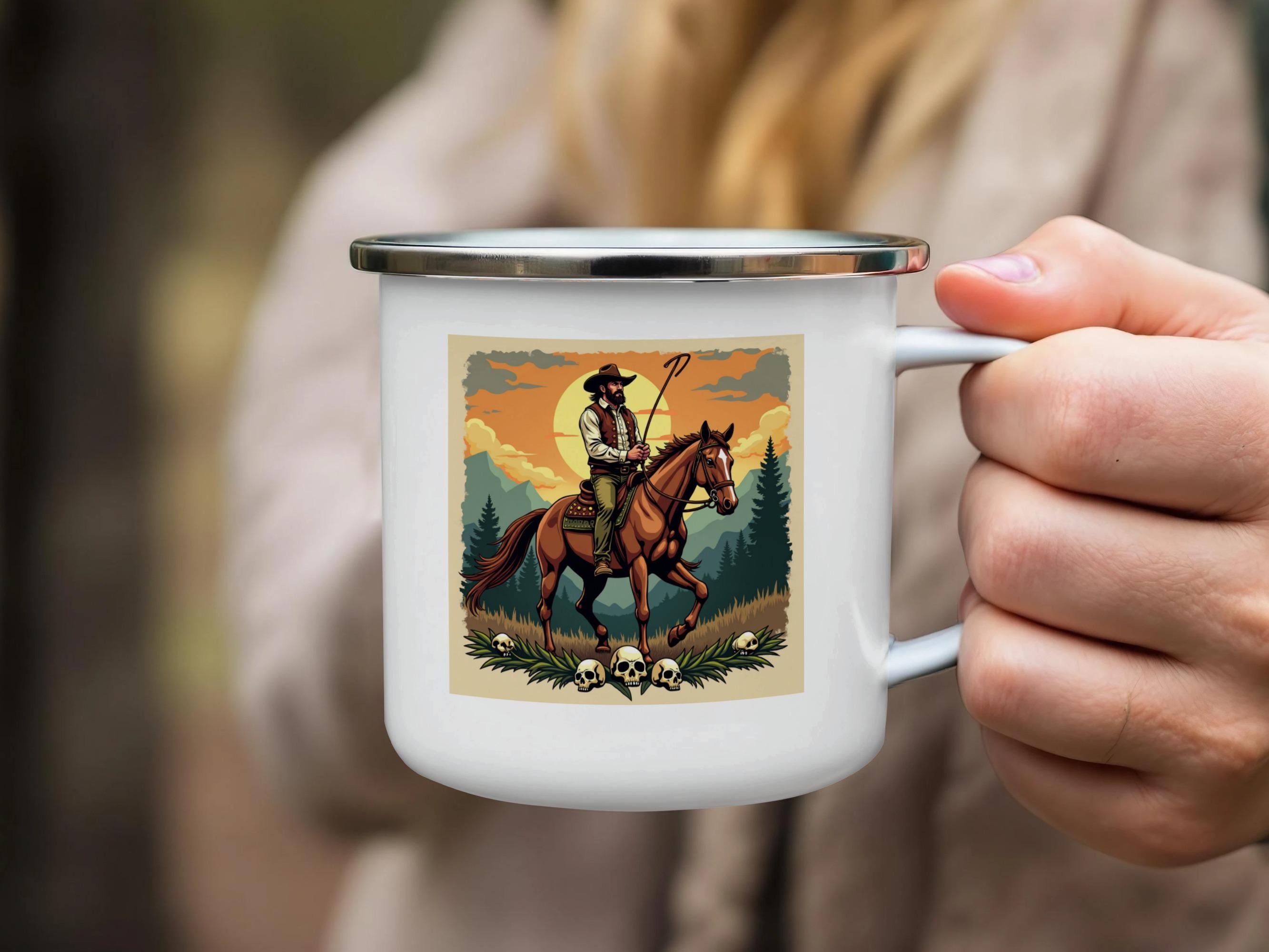 Cowboy riding horse mug, Western themed coffee cup, Vintage cowboy design, Unique gift for horse lovers, Rustic campfire mug