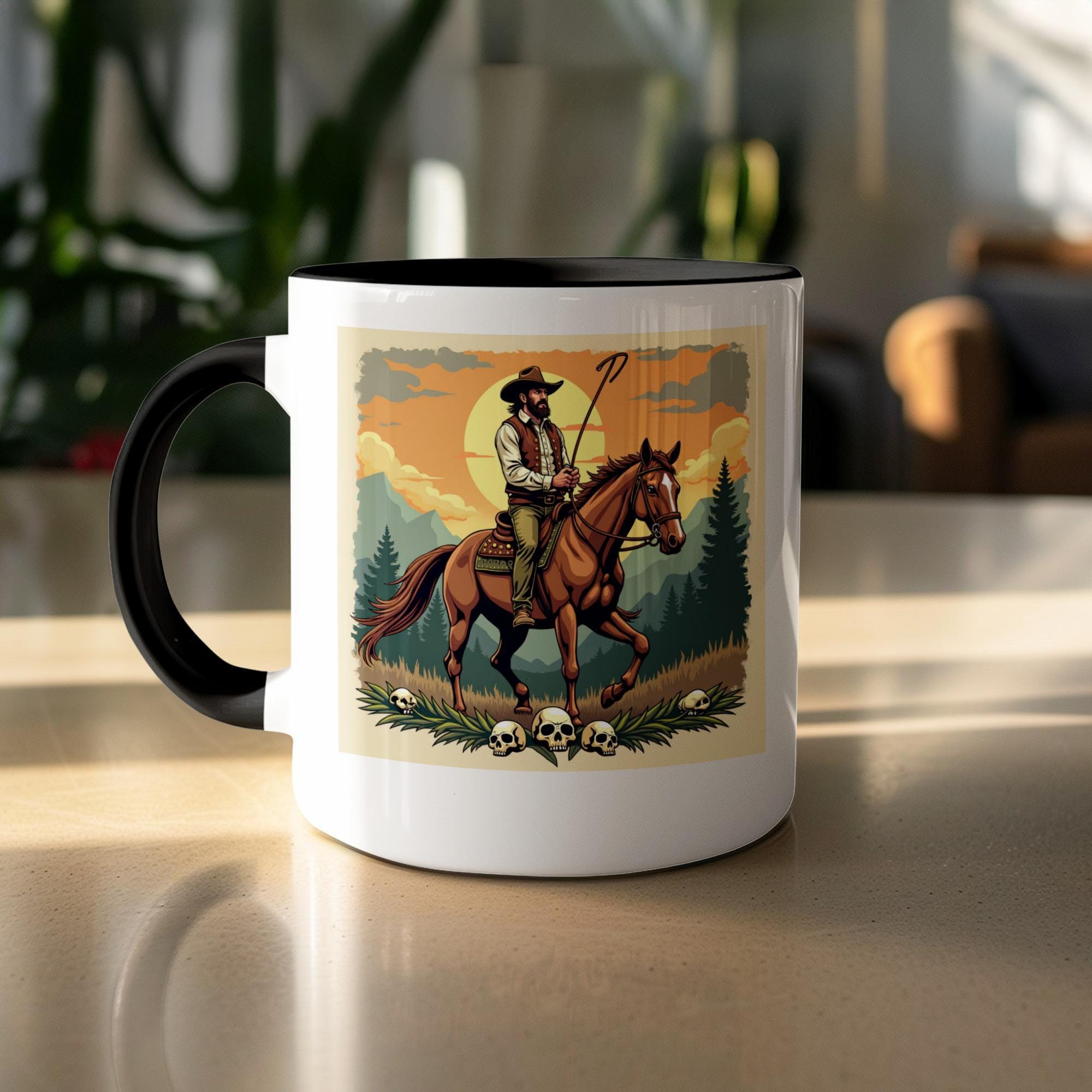 Vintage Cowboy Art Mug, Horseback Rider Coffee Cup, Western Themed Drinkware, Unique Rustic Gift, Country Style Mug