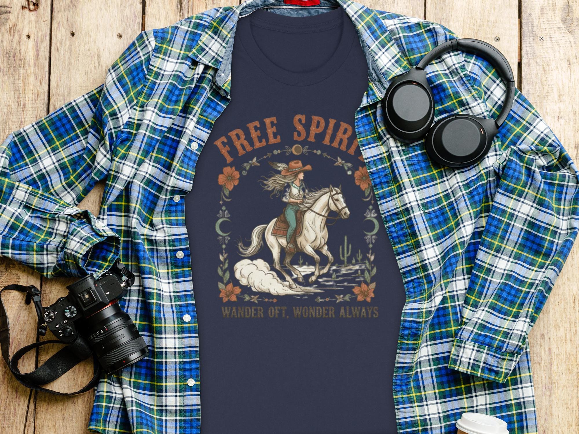 Free Spirit Shirt, Wander Off Wonder Always Graphic Tee, Boho Style Horse Rider T-Shirt, Western Themed Apparel Gift