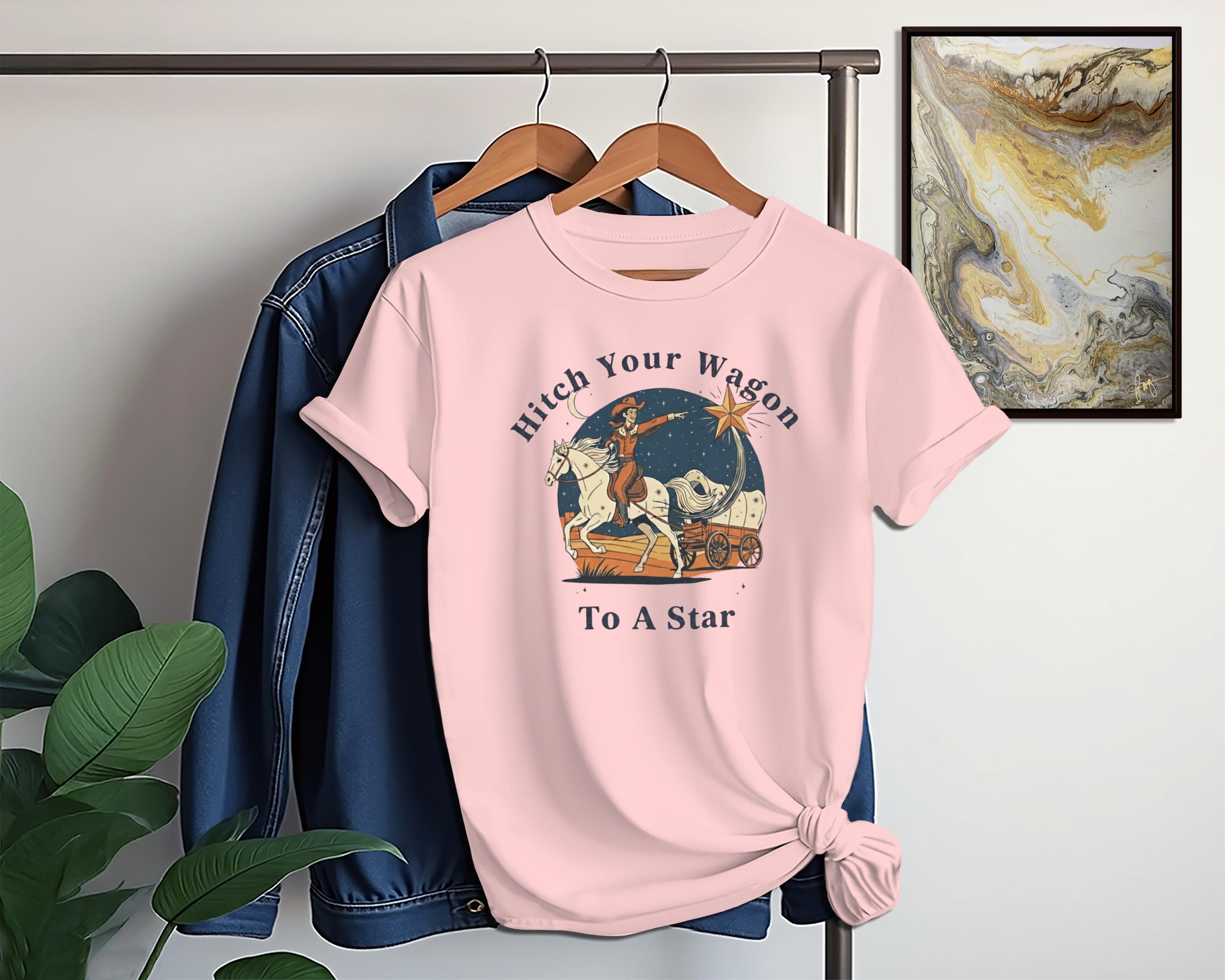 Hitch Your Wagon To A Star T-shirt, Vintage Style Graphic Tee, Western Cowboy Shirt, Trendy Casual Top, Inspirational Gift