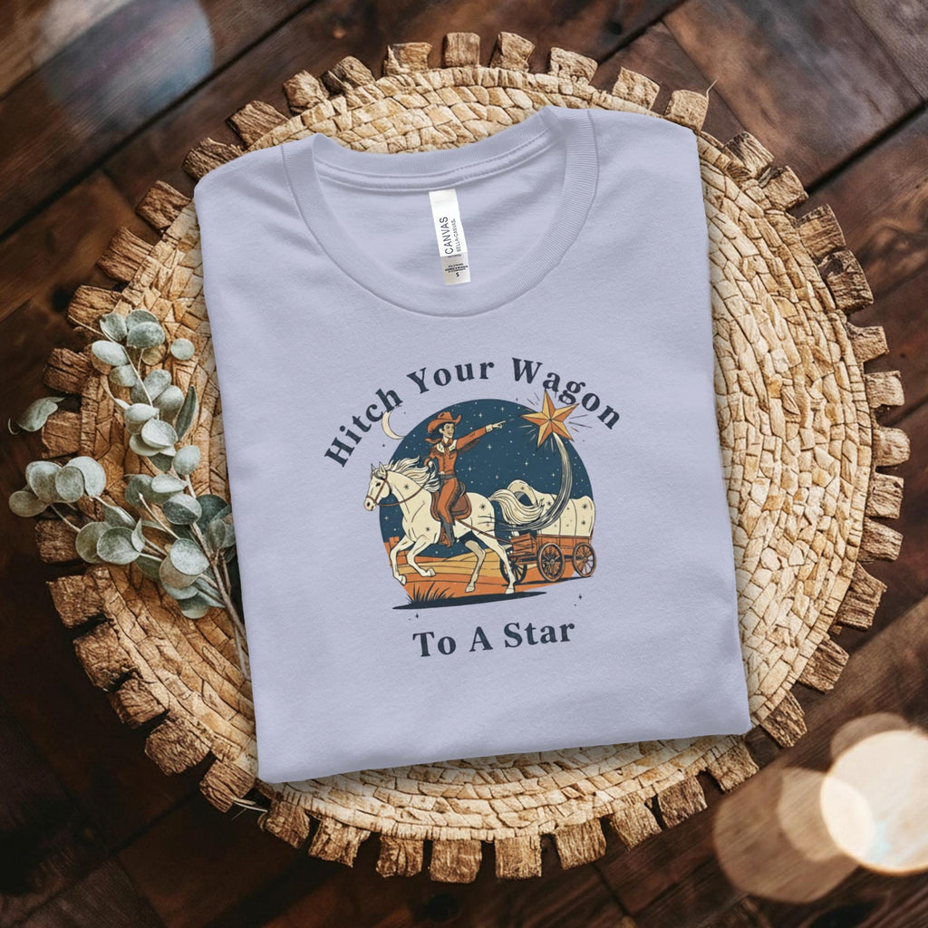 Hitch Your Wagon to a Star T-shirt, Cowboy Riding Wagon Graphic Tee, Vintage Western Shirt, Country Music Fan Gift, Adventure Theme Top