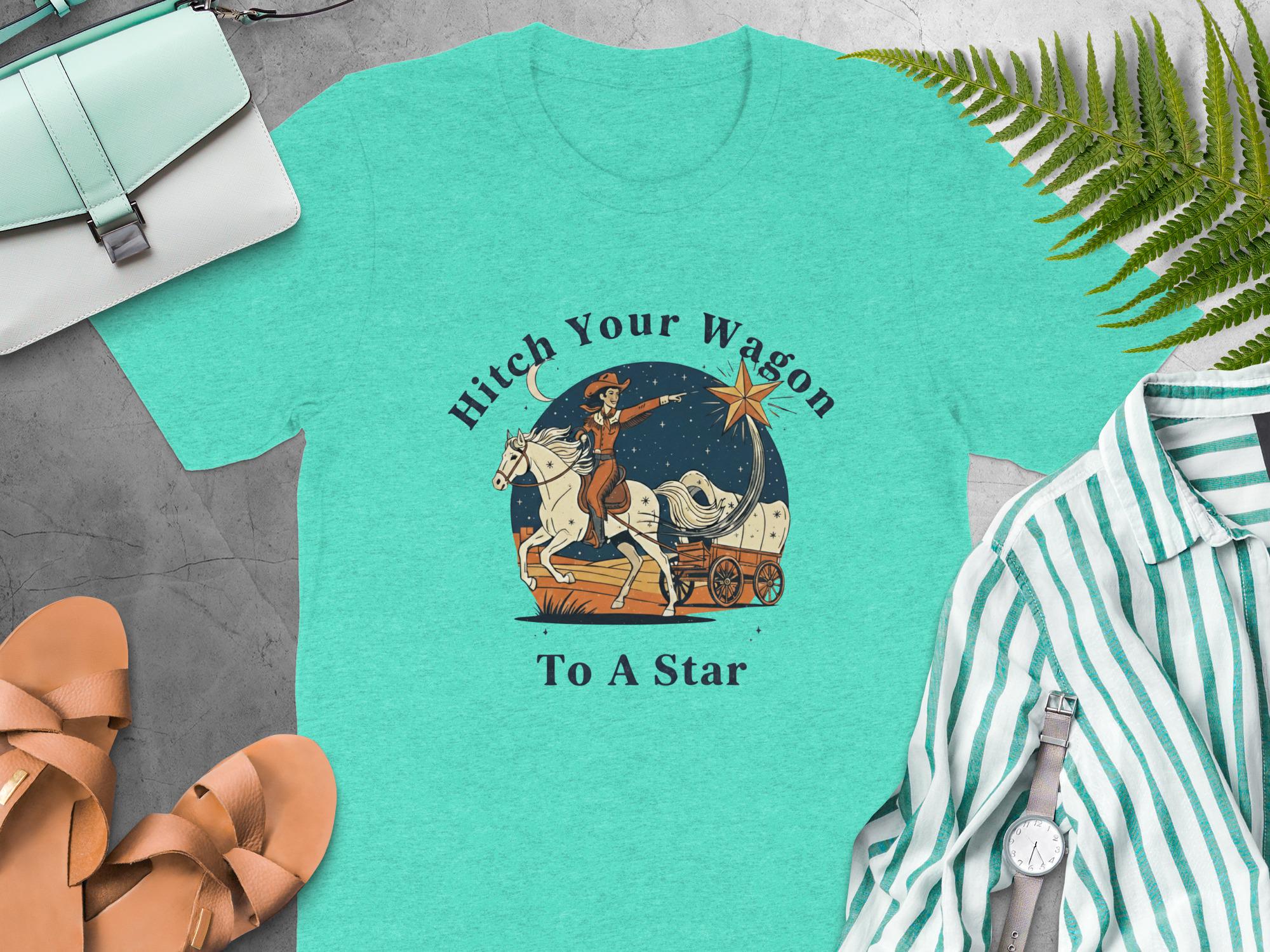 Hitch Your Wagon To A Star Tee, Western Cowgirl Graphic Shirt, Vintage Style Country Outfit, Retro Horseback Riding T-Shirt