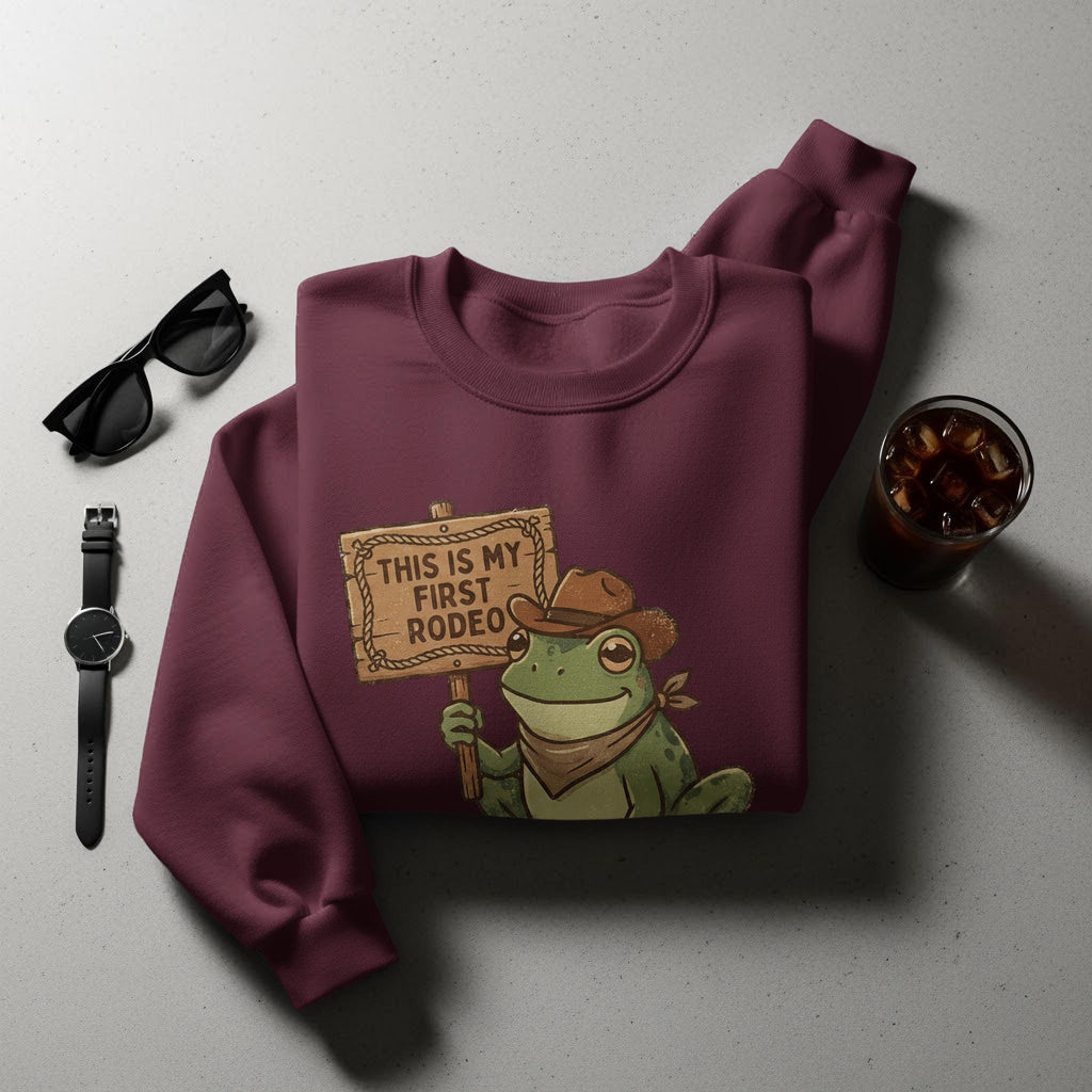 Funny Frog Sweatshirt, This Is My First Rodeo Sweater, Cute Graphic Pullover, Novelty Gift for Her, Trendy Casual Outfit