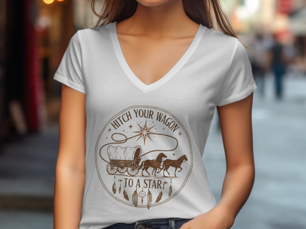 Western boho graphic tee, Hitch Your Wagon To A Star shirt, country style v-neck t-shirt, horse lovers gift tee, vintage look
