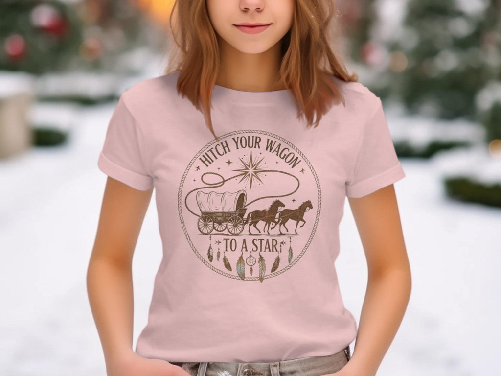Hitch Your Wagon To A Star T-Shirt, Inspirational Graphic Tee, Western Wagon and Horses Shirt, Motivational Quote T-Shirt