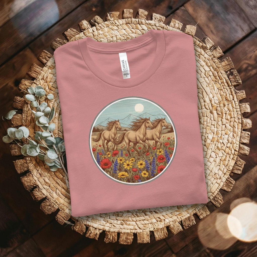 Horses T-Shirt, Wild Horses, Running Horses, Flower Field Shirt, Nature Shirt, Animal Shirt, Graphic Tee, Vintage Horses Tee