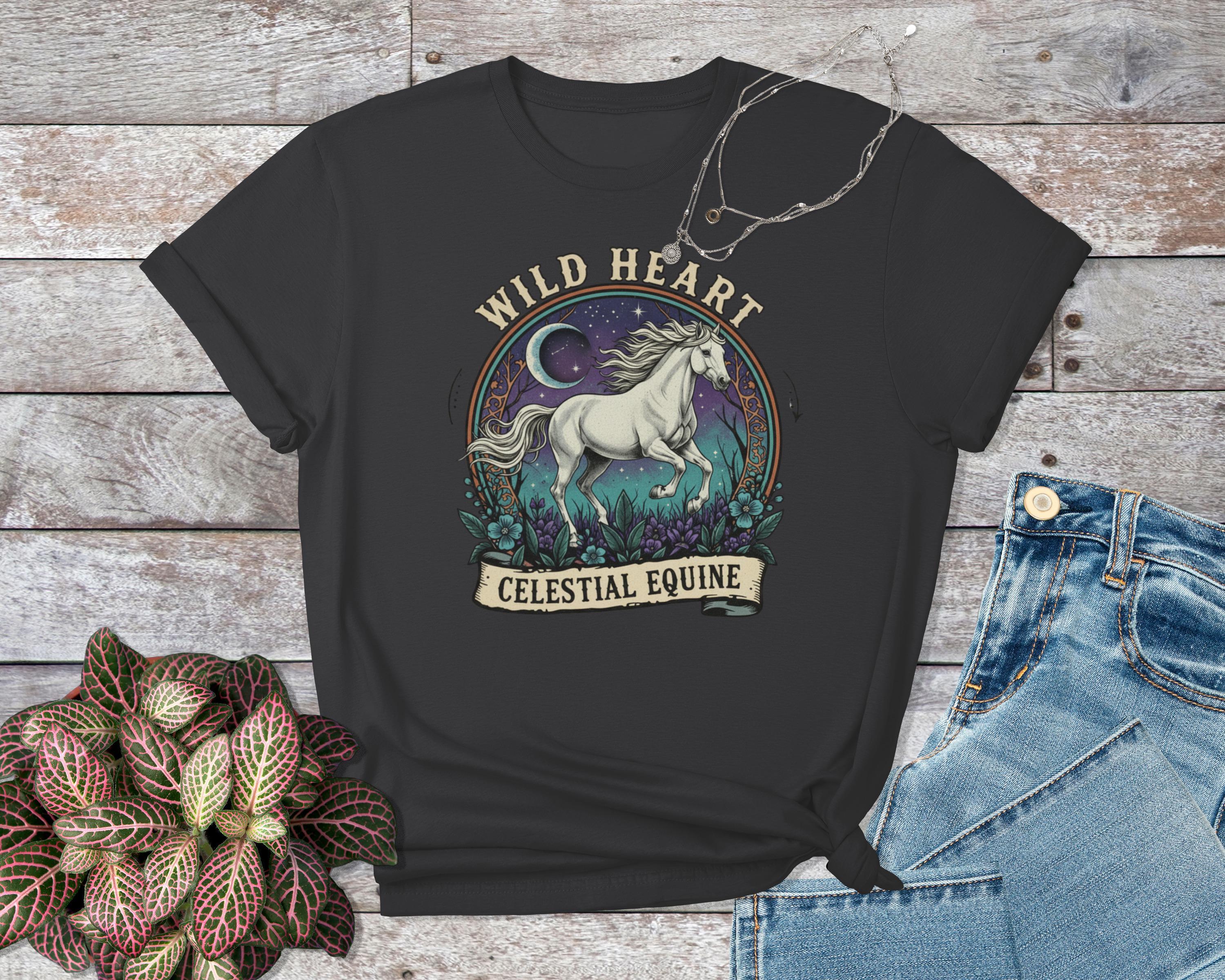 Wild Heart Celestial Equine T-Shirt, Horse Lover Tee, Unique Graphic T Shirt, Artistic Animal Tee, Nature Inspired Shirt, Trending Design