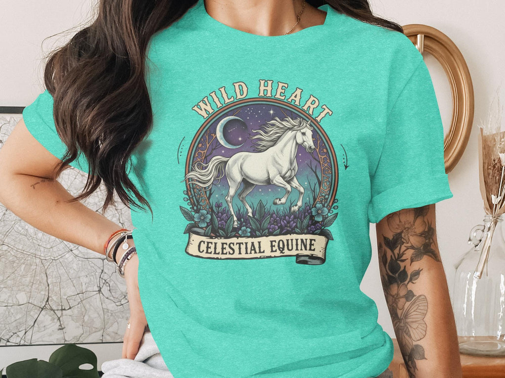 Wild Heart Celestial Equine T-Shirt, Horse Lover Tee, Unique Graphic T Shirt, Artistic Animal Tee, Nature Inspired Shirt, Trending Design
