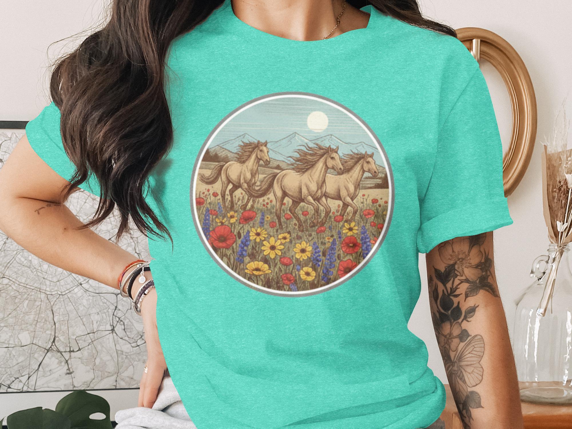 Horses T-Shirt, Wild Horses, Running Horses, Flower Field Shirt, Nature Shirt, Animal Shirt, Graphic Tee, Vintage Horses Tee