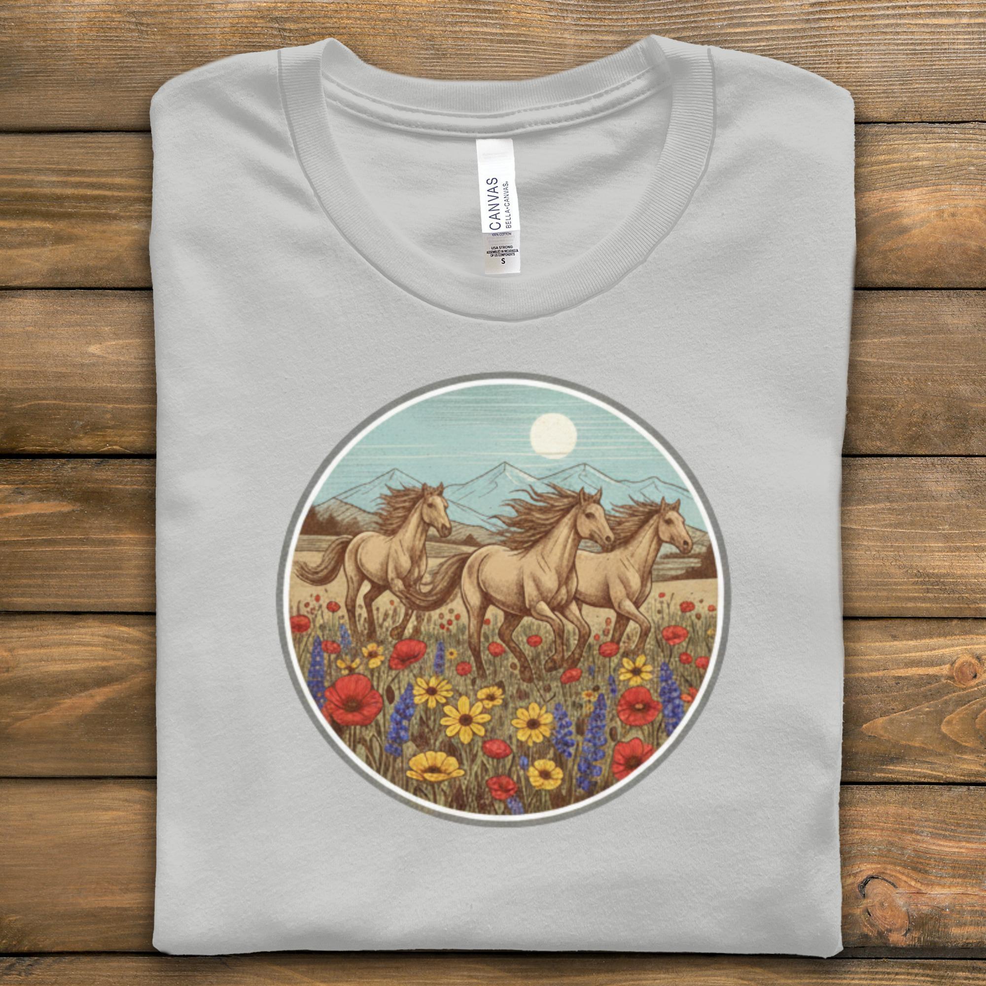 Horses T-Shirt, Wild Horses, Running Horses, Flower Field Shirt, Nature Shirt, Animal Shirt, Graphic Tee, Vintage Horses Tee