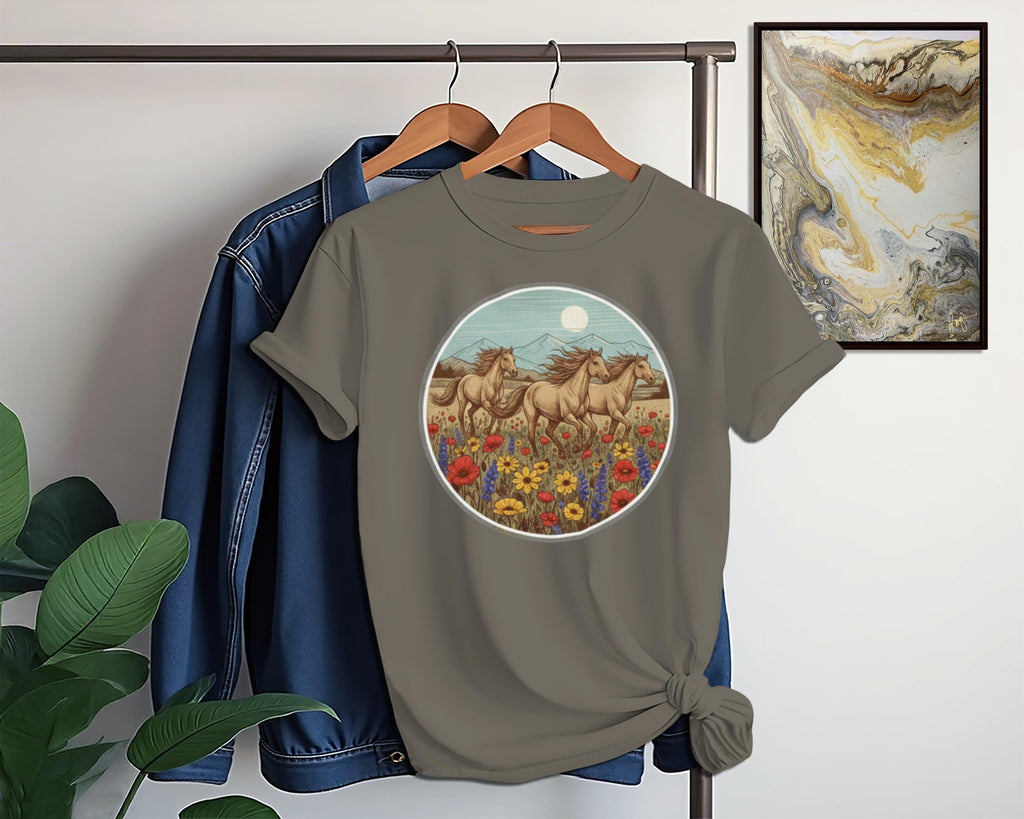 Horses T-Shirt, Wild Horses, Running Horses, Flower Field Shirt, Nature Shirt, Animal Shirt, Graphic Tee, Vintage Horses Tee