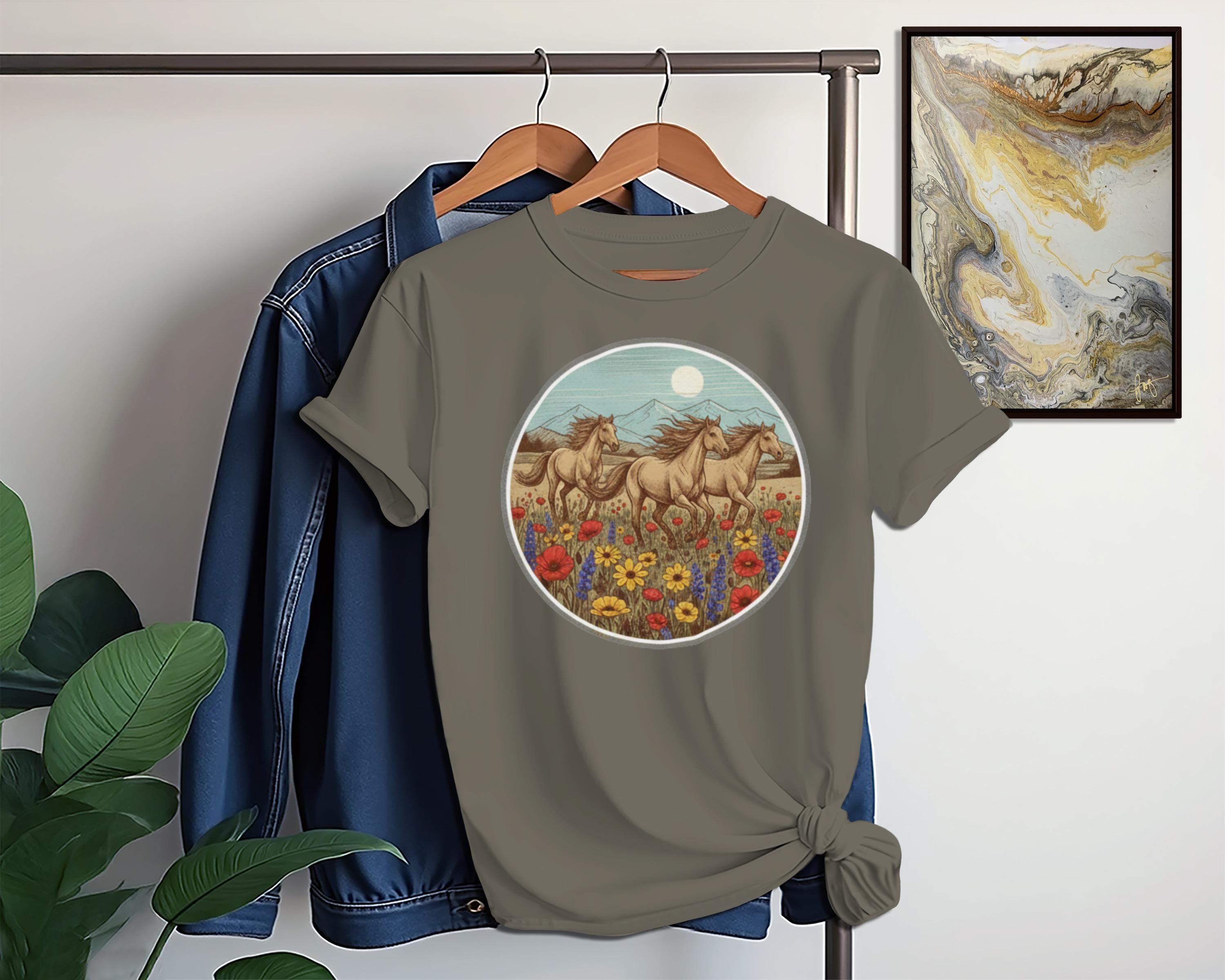Horses T-Shirt, Wild Horses, Running Horses, Flower Field Shirt, Nature Shirt, Animal Shirt, Graphic Tee, Vintage Horses Tee