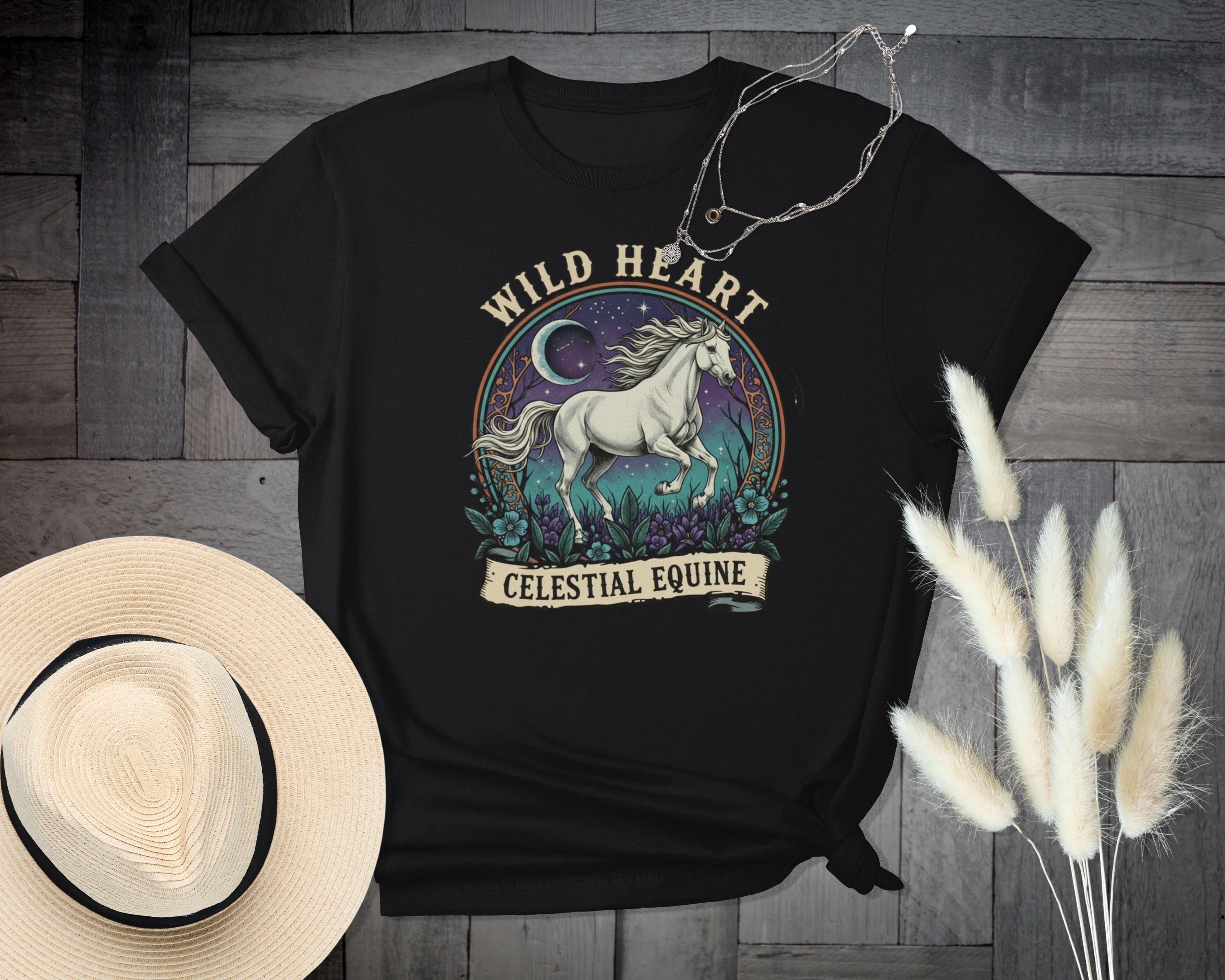 Wild Heart Celestial Equine T-Shirt, Horse Lover Tee, Unique Graphic T Shirt, Artistic Animal Tee, Nature Inspired Shirt, Trending Design