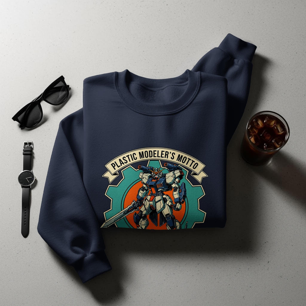Plastic Modeler's Motto Sweatshirt, Mecha Robot Graphic Shirt, Gundam Enthusiast Apparel, Mechanic Anime Gift Idea, Sci-Fi Lover Pullover