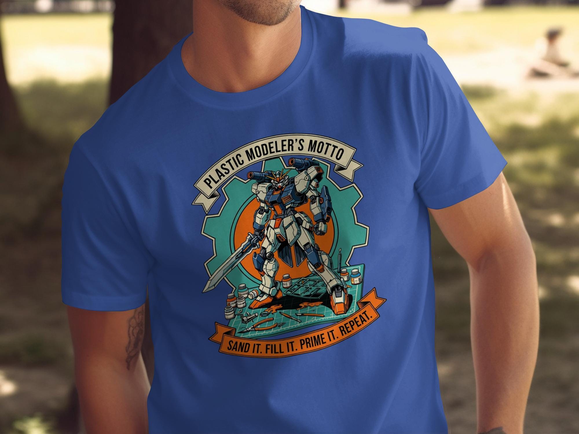 Plastic Modeler's Motto T-Shirt, Sand It Fill It Prime It Repeat, Graphic Tee for Hobbyists, Cool Robot Builder Gift