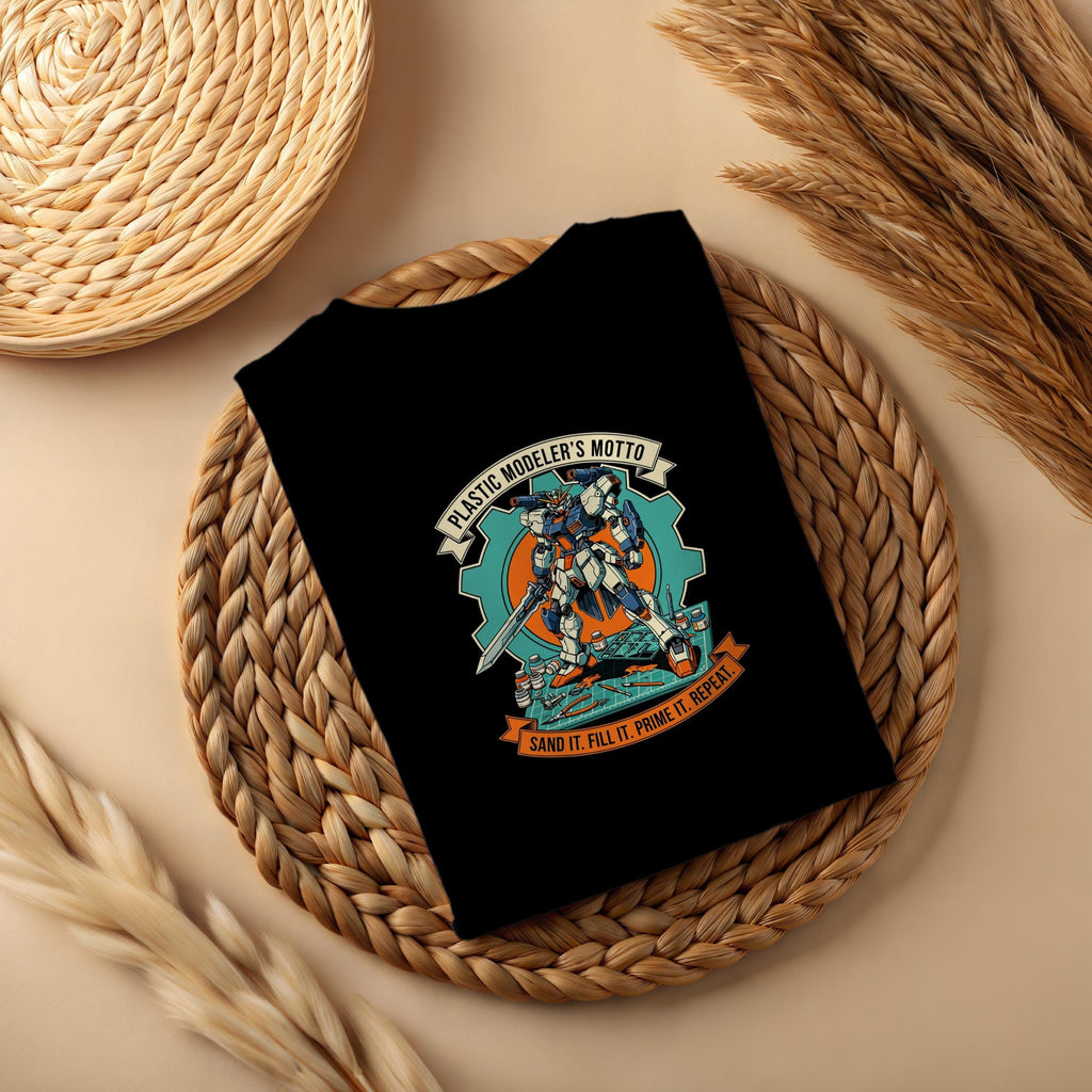 Plastic Modeler's Motto T-Shirt, Sand It Fill It Prime It Repeat Shirt, Funny Model Building Tee, Cool Hobby Gift, Modeler's Apparel