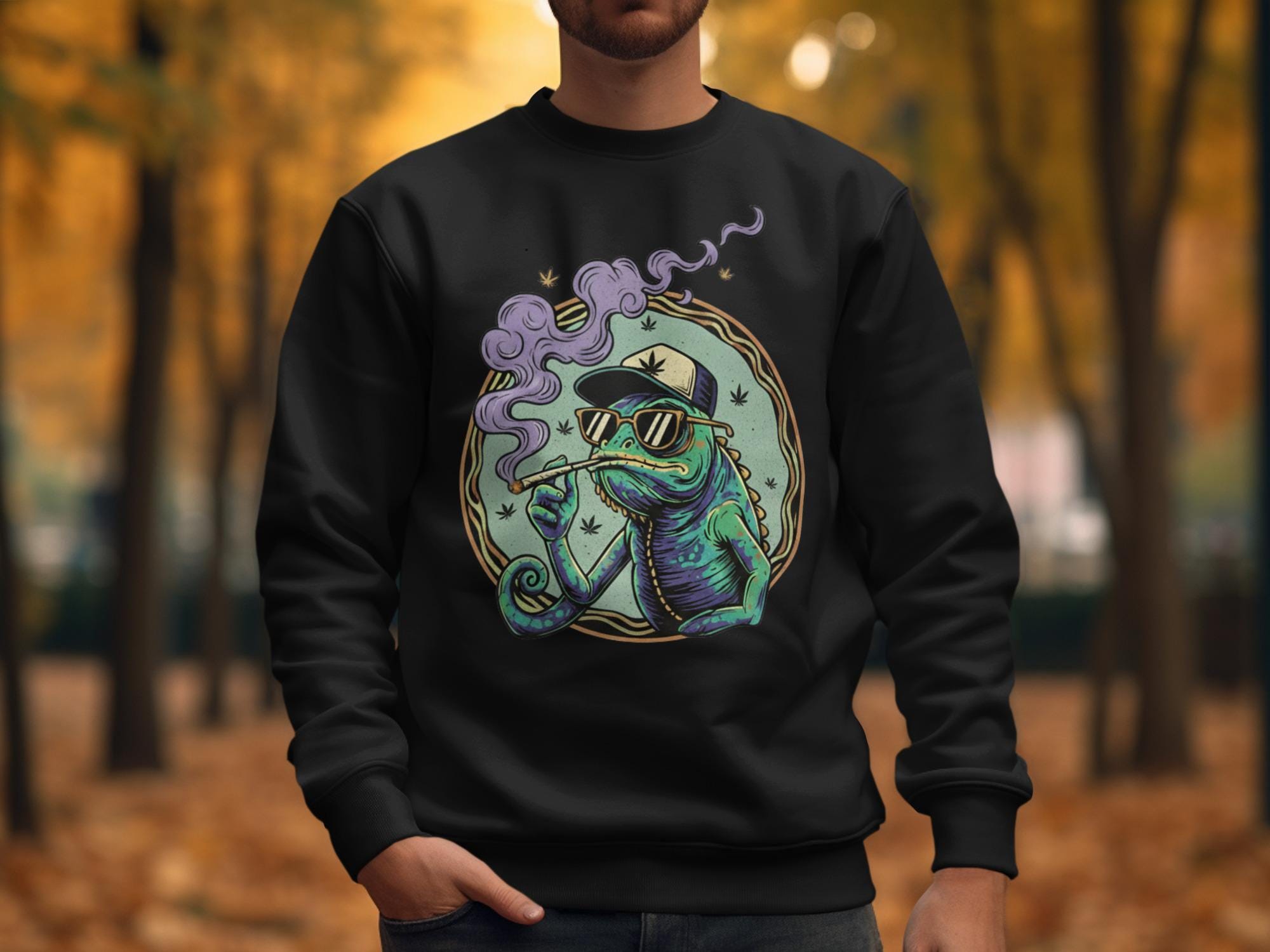 Chameleon graphic sweatshirt, unique chameleon artwork sweater, trendy fall fashion, streetwear casual pullover, cool lizard design