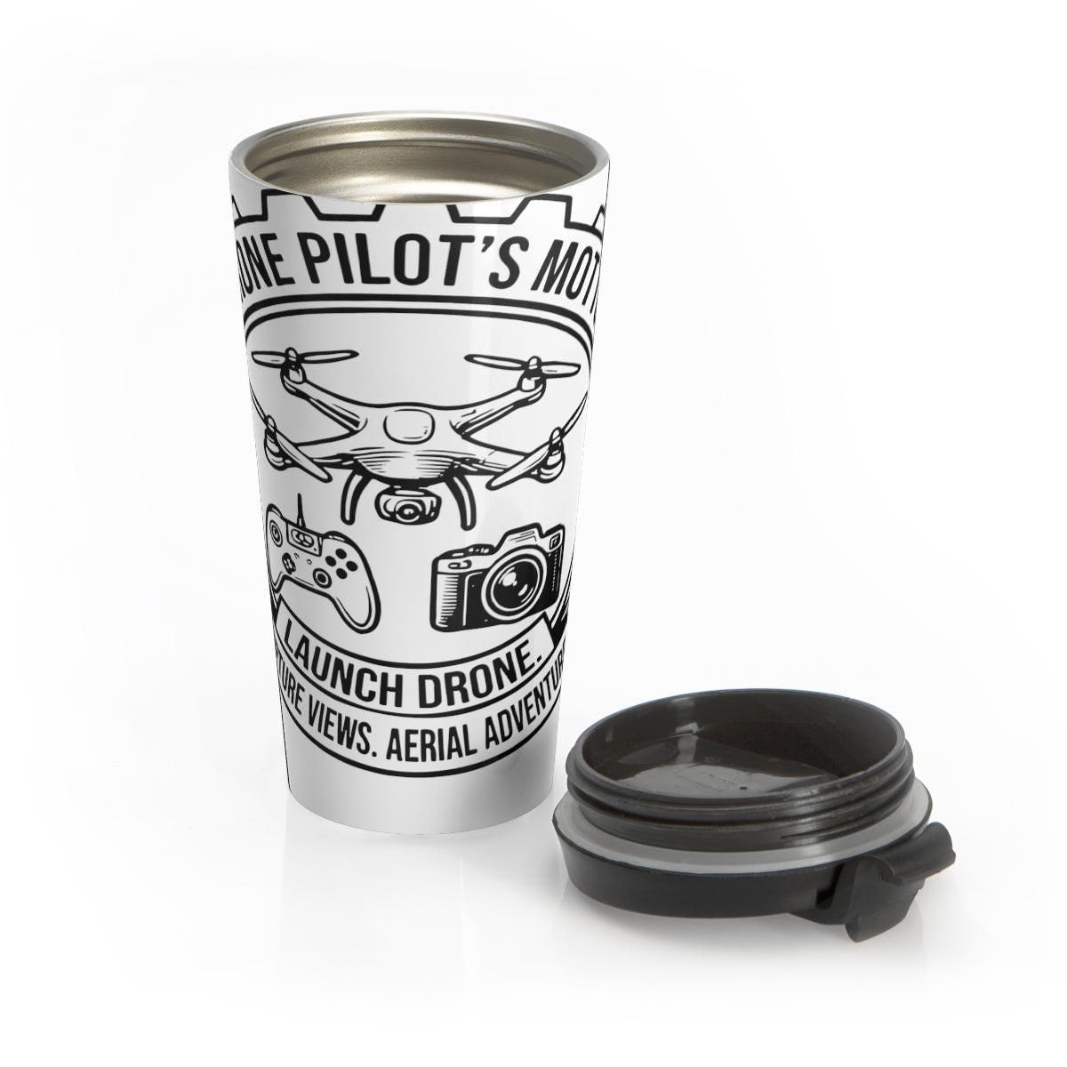 Drone Pilot's Motion Travel Mug, Launch Drone Aerial Adventures Tumbler, Pilot Gift, Drone Enthusiast Coffee Cup