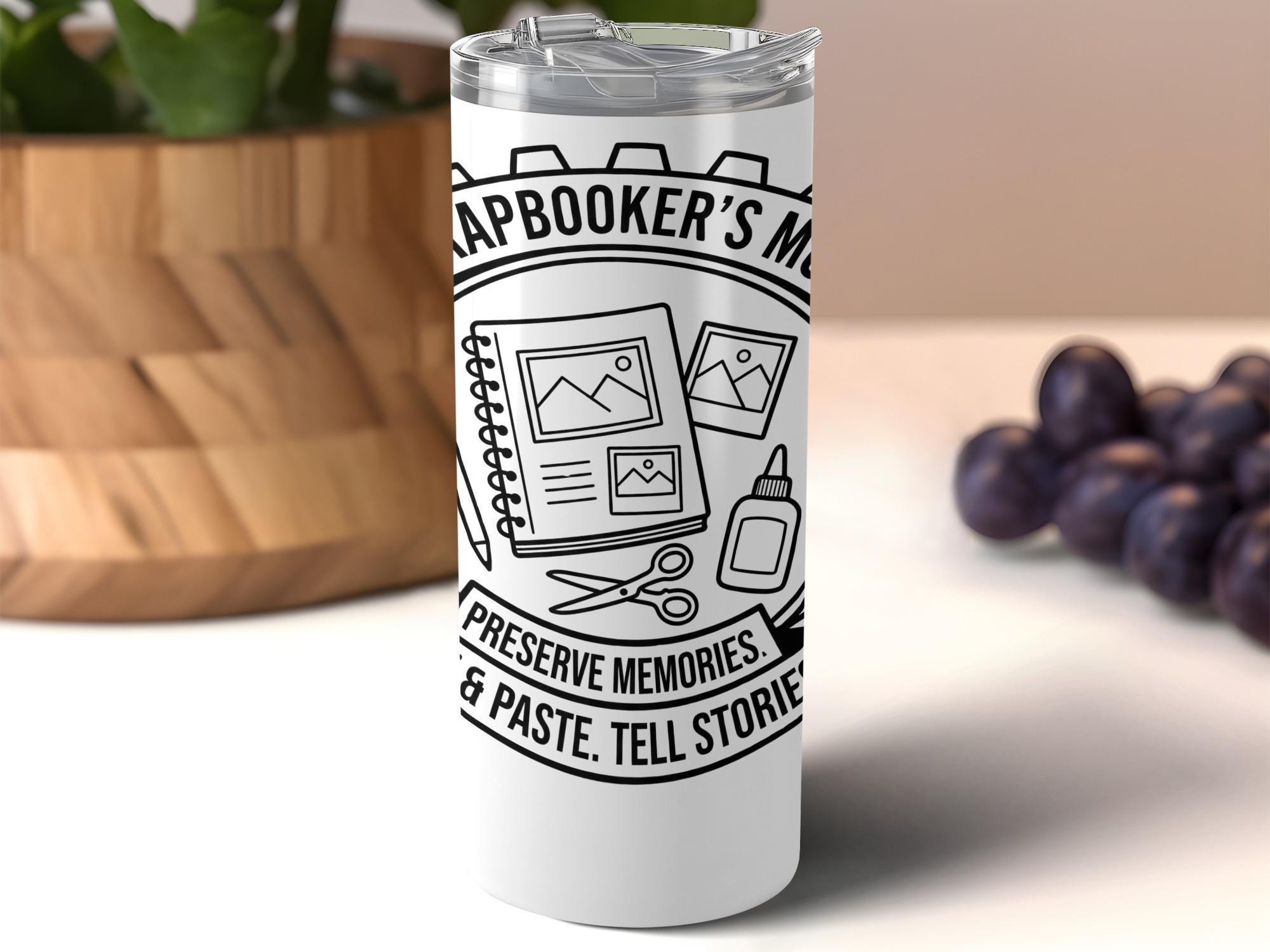 Scrapbooker tumbler gift, preserve memories travel mug, tell stories coffee tumbler, scrapbooker's must-have, unique travel cup