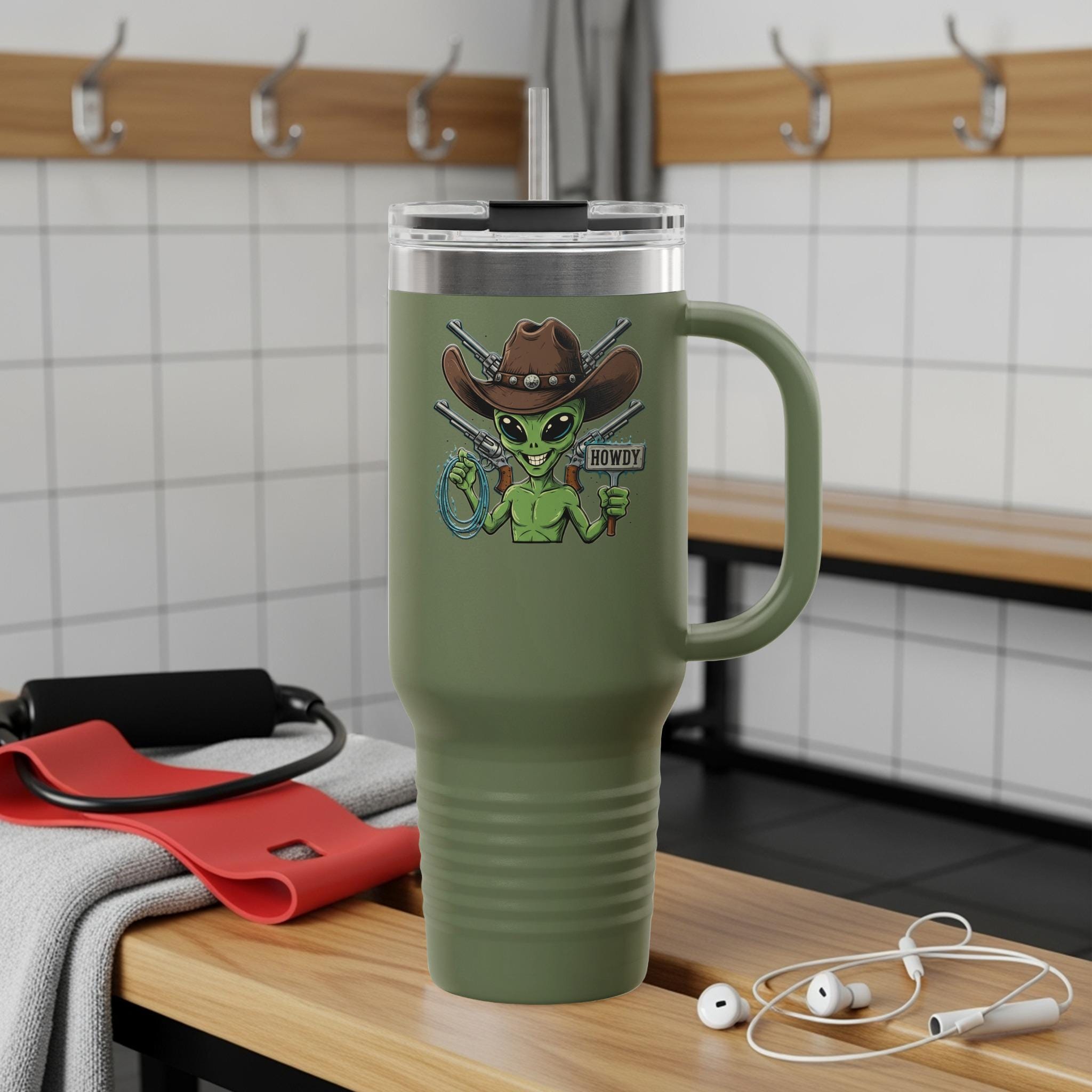 Alien Cowboy Travel Mug, Howdy Alien Tumbler, Insulated Green Mug with Lid, Unique Alien Gift, Fun Drinkware for Galaxy Lovers