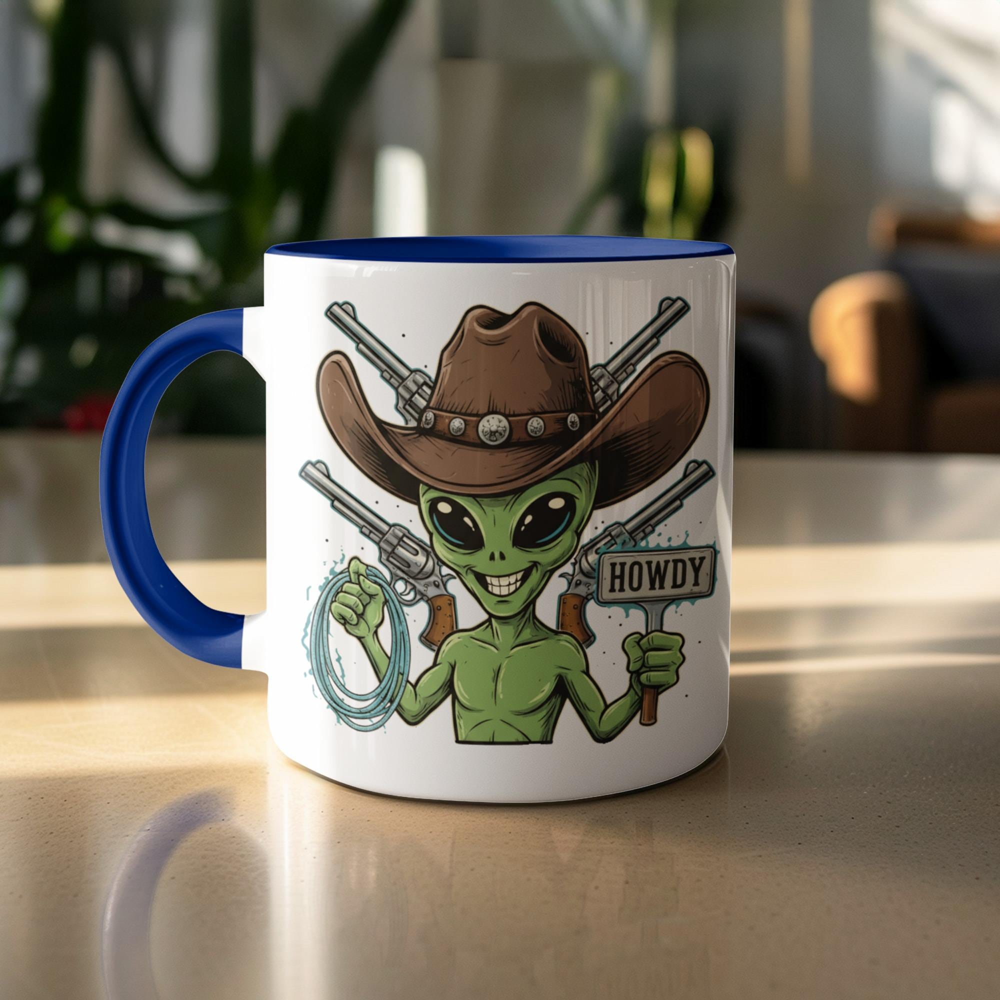 Alien Cowboy Howdy Coffee Mug, Fun Alien Enthusiast Gift, Funny Western Alien Cup, Unique Sci-Fi Themed Novelty Mug