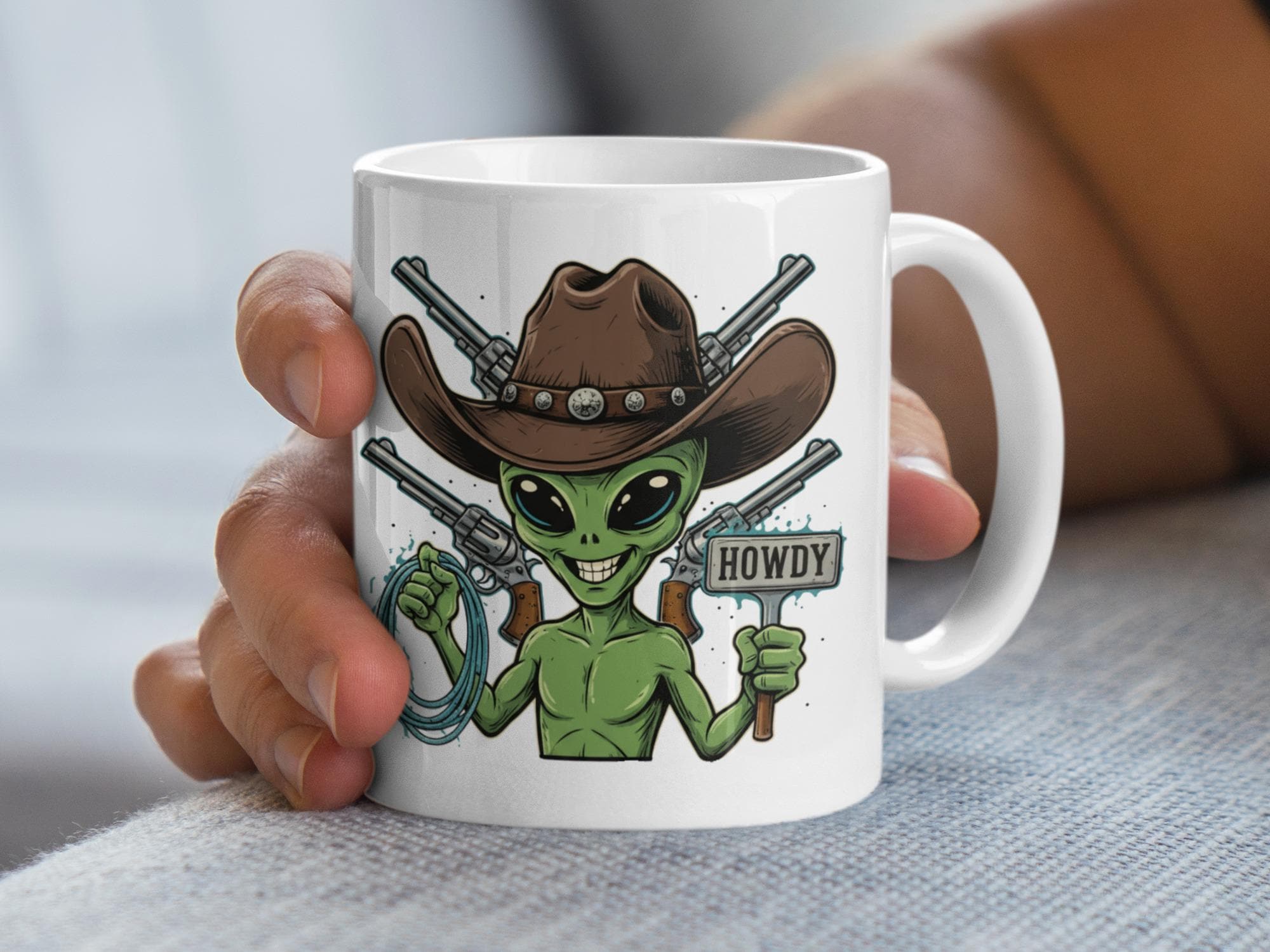 Alien Cowboy Mug, Funny Alien Coffee Cup, Howdy Alien with Guns, Unique Alien Artwork, Space Cowboy Mug, Quirky Gift Idea