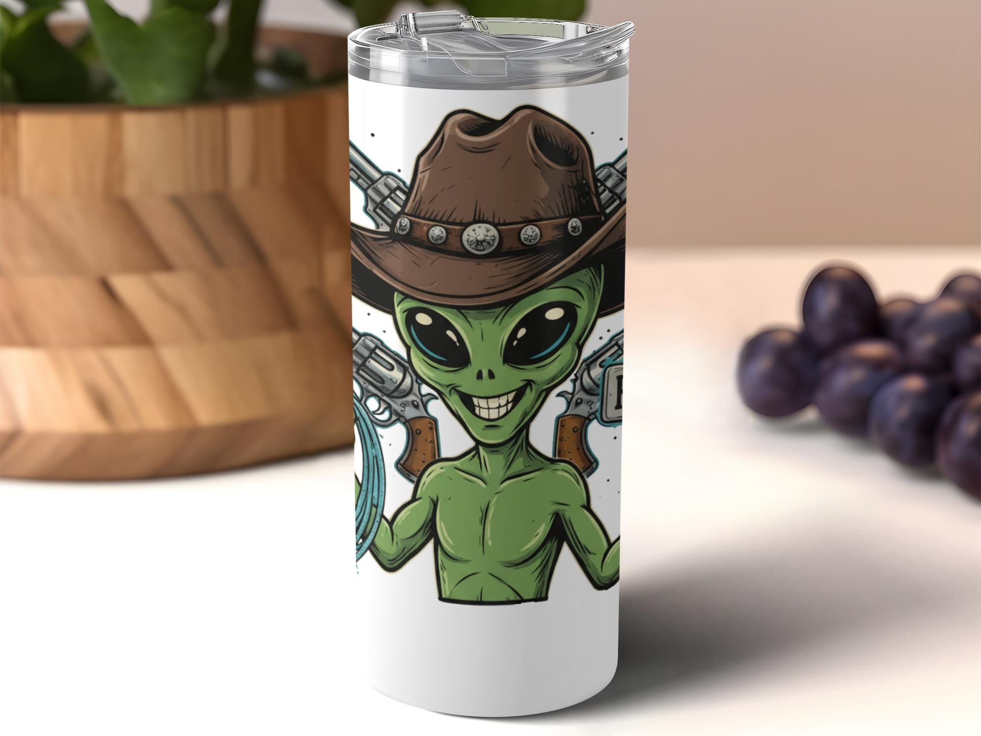 Alien Cowboy Tumbler, Funny Alien Drinkware, Unique Space and Western Theme, Quirky Gift Idea, Double-Walled Insulated Travel Mug