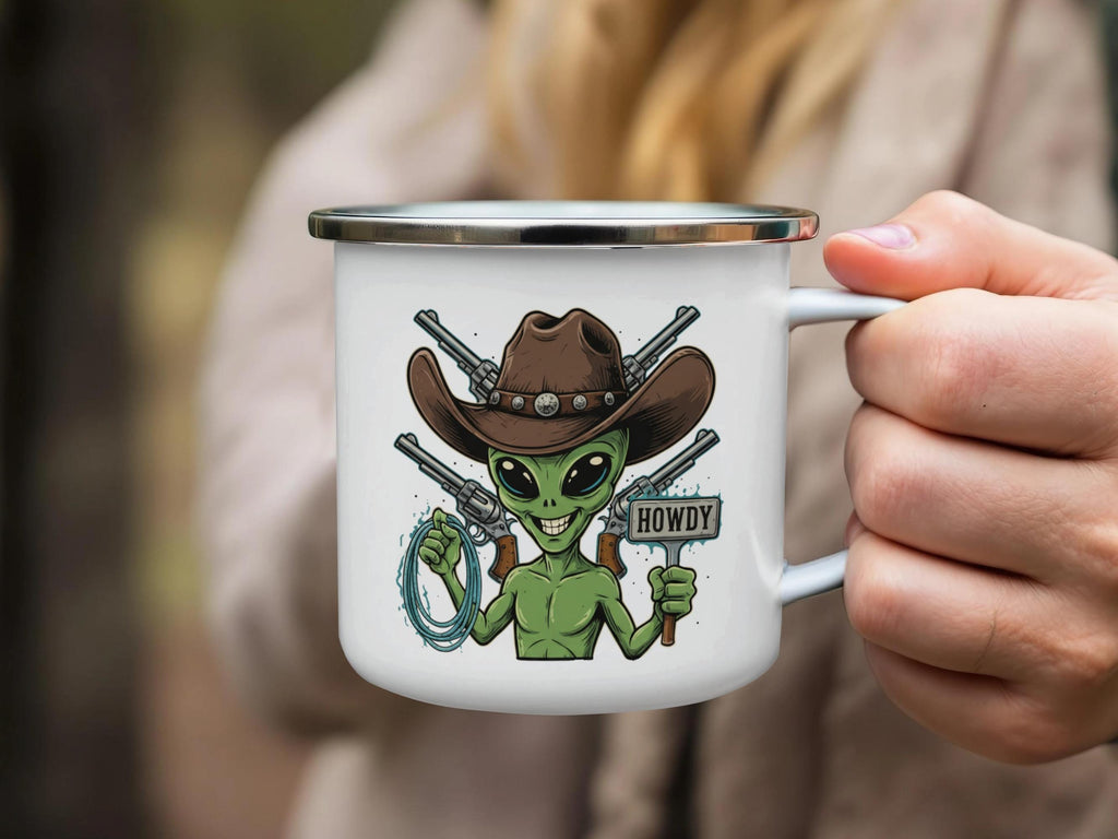 Alien Cowboy Mug, Howdy Alien Coffee Cup, Funny Alien Cowpoke Mug, Cool Space Cowboy Drinkware, Unique Sci-Fi Mug Gift for Him
