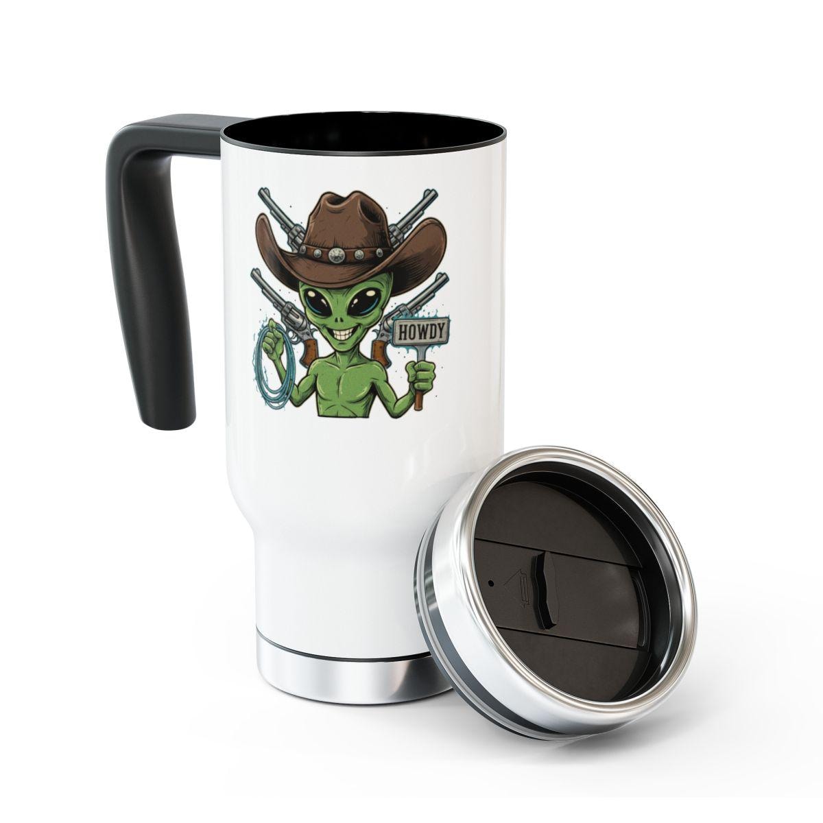 Funny Alien Cowboy Mug, Unique Alien Howdy Mug, Alien Souvenir Gift, Quirky Coffee Travel Mug, Alien Enthusiast Travel Mug