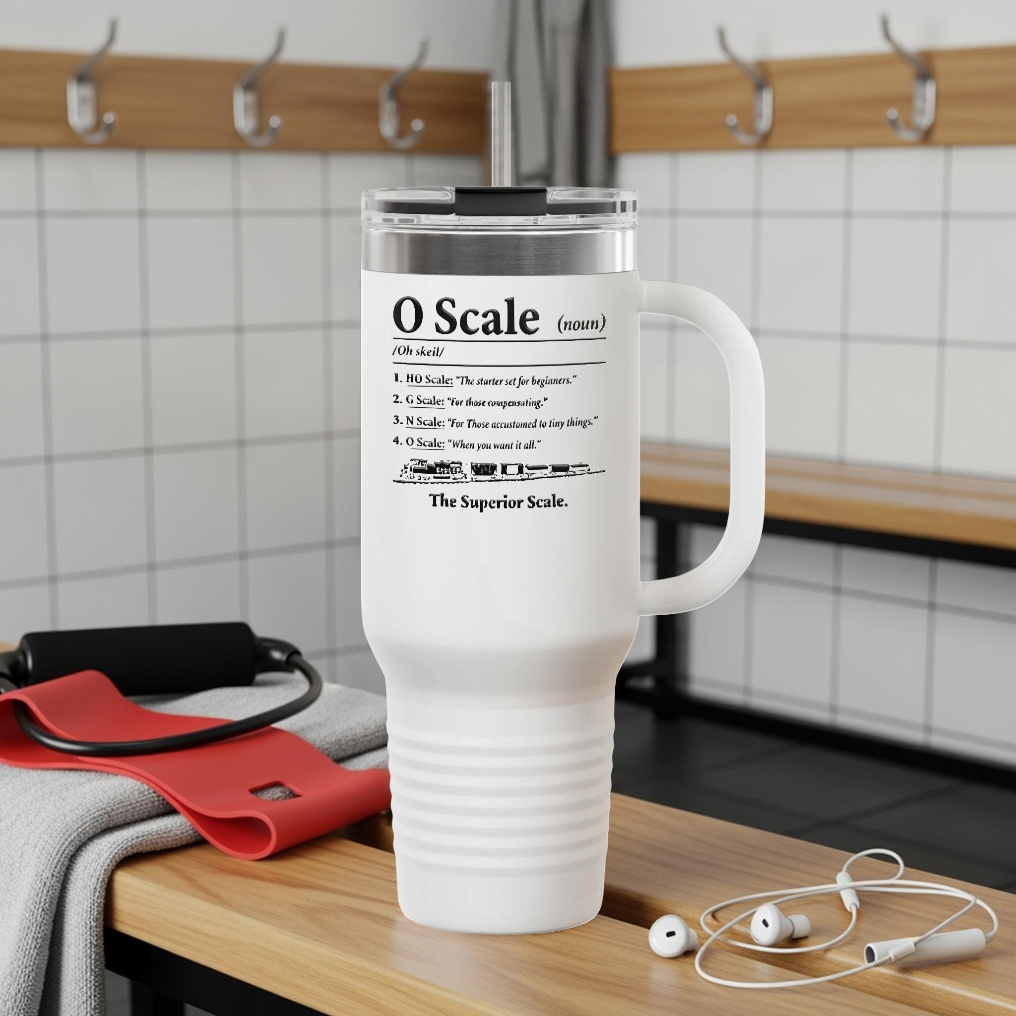 Funny Train Scale Definition Travel Mug, 20 oz Insulated Coffee Tumbler with Handle, Railroad Enthusiast Gift, Unique Train Lover Mug