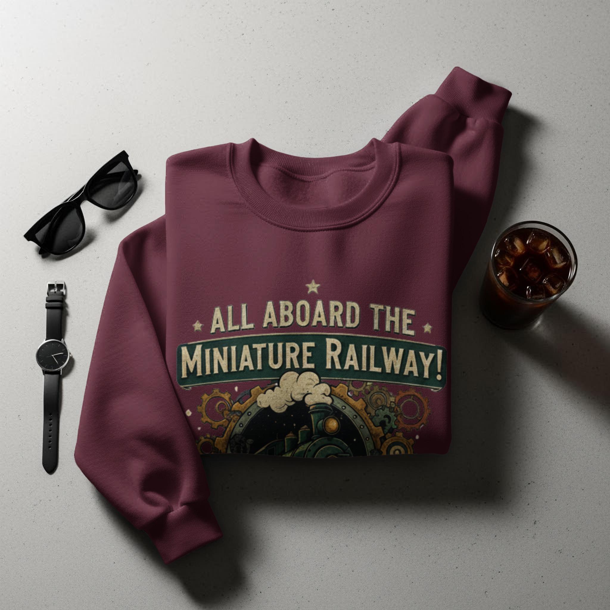 All Aboard the Miniature Railway Sweatshirt, Vintage Train Graphic Pullover, Cozy Unisex Sweater, Retro Train Lover Gift